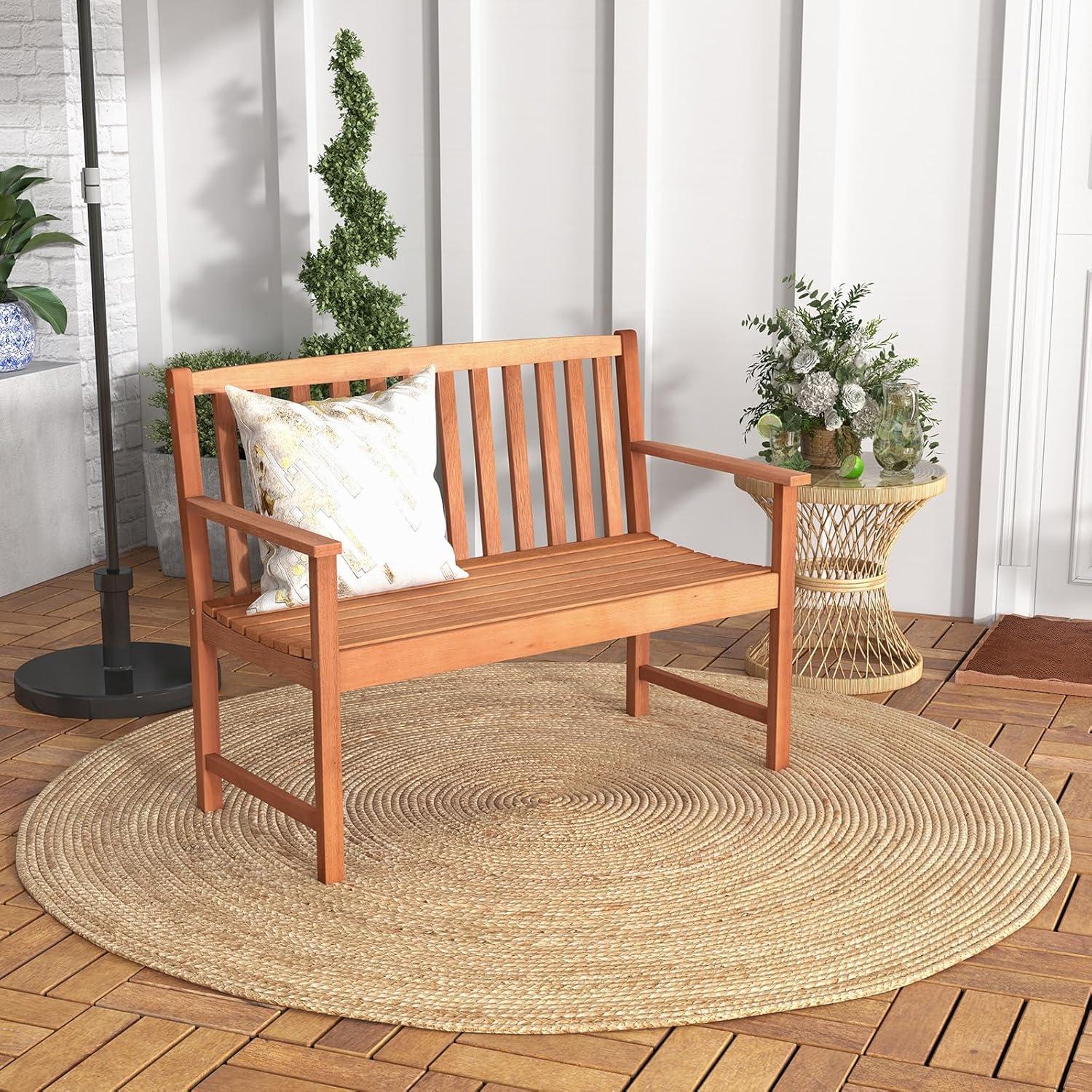 image:imageGiantex Outdoor Bench Wood Patio Bench with Cozy Armrests amp Backrest Slatted Sitting Area Eucalyptus Wood Frame 2Person Loveseat for Park Porch Yard 800 lbs Max Load Garden Bench Eucalyptus
