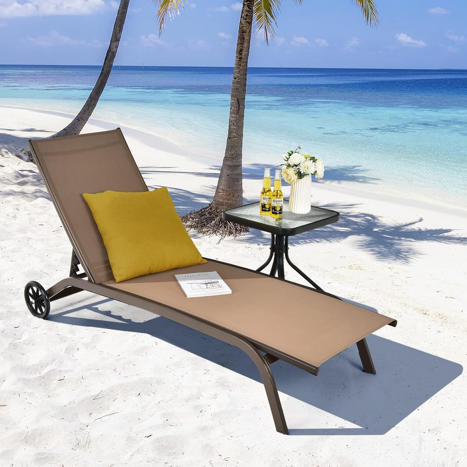 image:imageGiantex Patio Lounge Chairs for Pool Area Outdoor Chaise Lounger with 6 Adjustable Position Smooth Wheels and QuickDrying Fabric Lawn Recliner for Backyard Garden Sunbathing Chair 1 BrownBrown