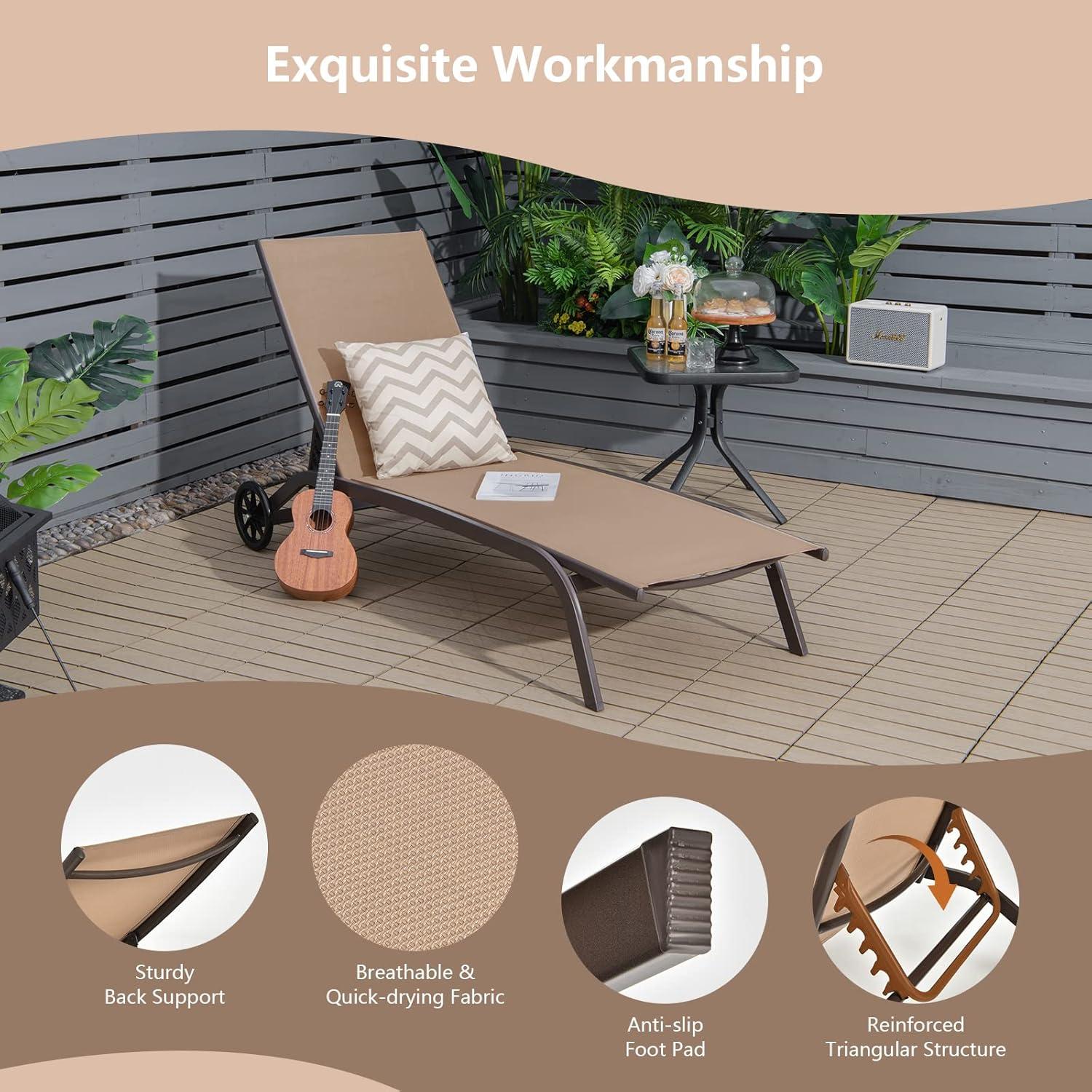 image:imageGiantex Patio Lounge Chairs for Pool Area Outdoor Chaise Lounger with 6 Adjustable Position Smooth Wheels and QuickDrying Fabric Lawn Recliner for Backyard Garden Sunbathing Chair 1 BrownBrown