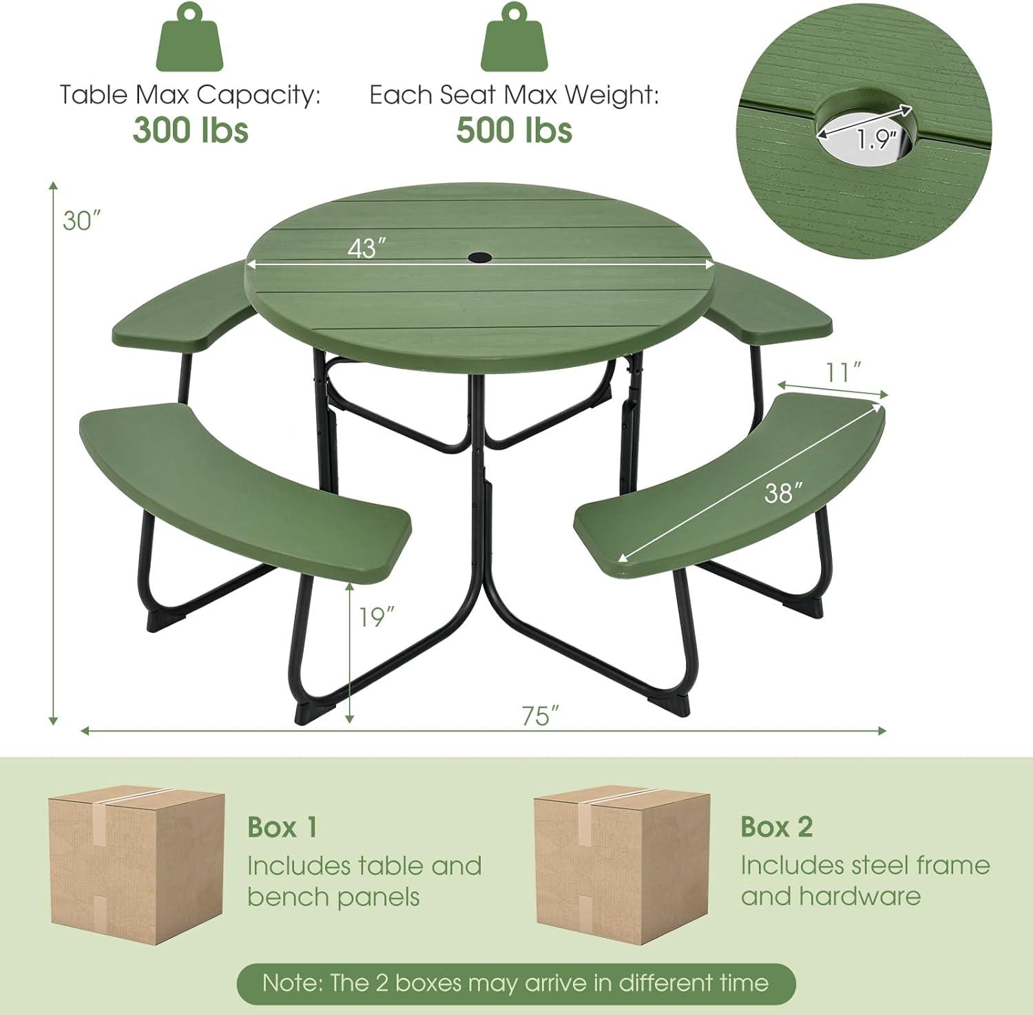 image:imageGiantex Picnic Table Set for Up to 8 Persons Round Outdoor Table and Bench Set with Umbrella Hole HDPE Top amp Metal Frame 2000LBS Capacity Patio Table Bench for Deck Backyard Garden GreenGreen