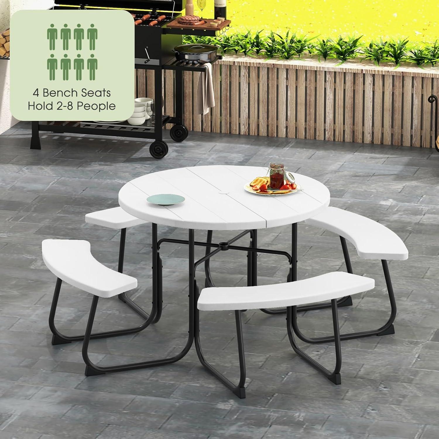 image:imageGiantex Picnic Table Set for Up to 8 Persons Round Outdoor Table and Bench Set with Umbrella Hole HDPE Top amp Metal Frame 2000LBS Capacity Patio Table Bench for Deck Backyard Garden GreenWhite