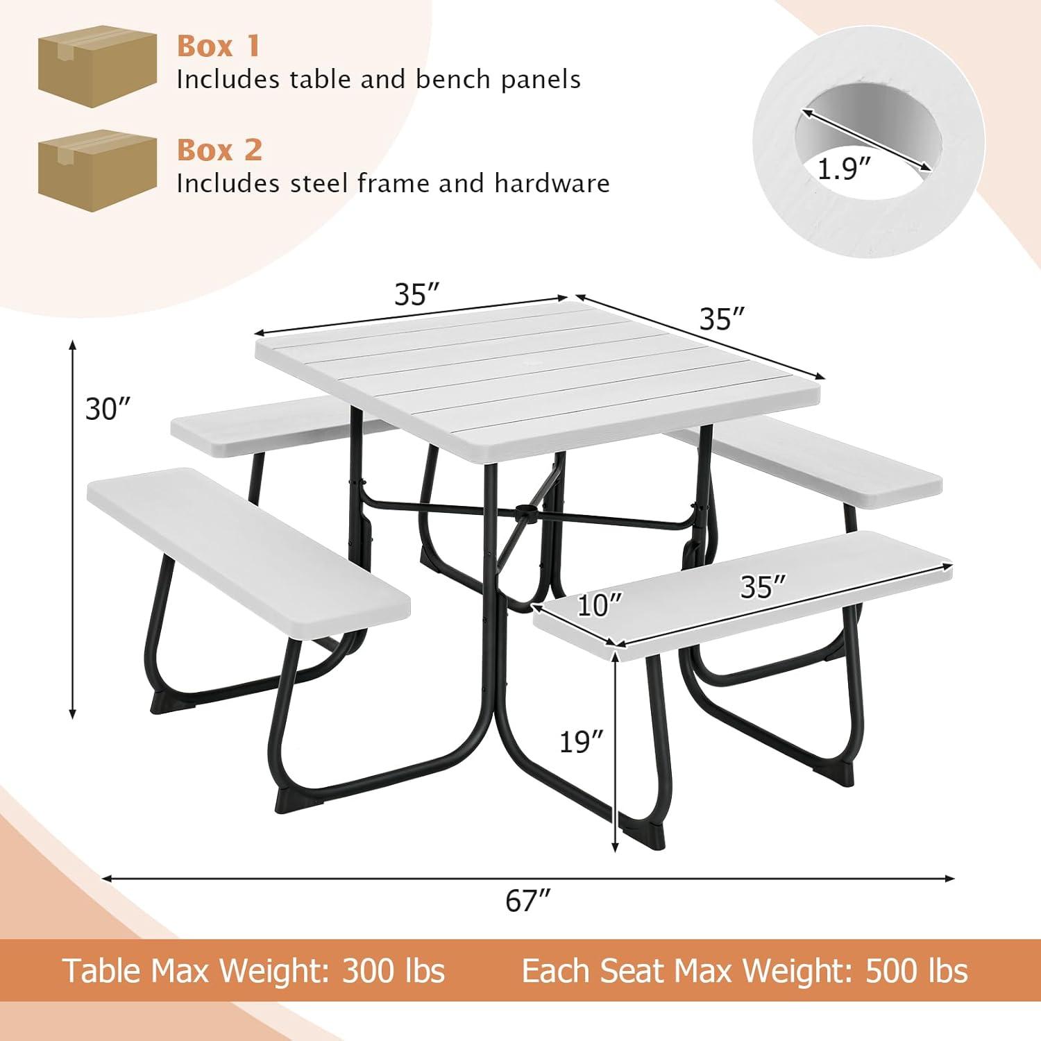 image:imageGiantex Picnic Table Set for Up to 8 Persons Round Outdoor Table and Bench Set with Umbrella Hole HDPE Top amp Metal Frame 2000LBS Capacity Patio Table Bench for Deck Backyard Garden GreenWhite