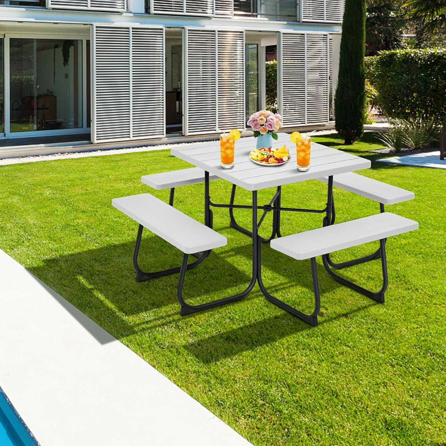 image:imageGiantex Picnic Table Set for Up to 8 Persons Round Outdoor Table and Bench Set with Umbrella Hole HDPE Top amp Metal Frame 2000LBS Capacity Patio Table Bench for Deck Backyard Garden GreenWhite