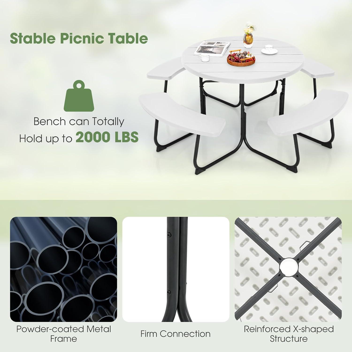 image:imageGiantex Picnic Table Set for Up to 8 Persons Round Outdoor Table and Bench Set with Umbrella Hole HDPE Top amp Metal Frame 2000LBS Capacity Patio Table Bench for Deck Backyard Garden GreenWhite