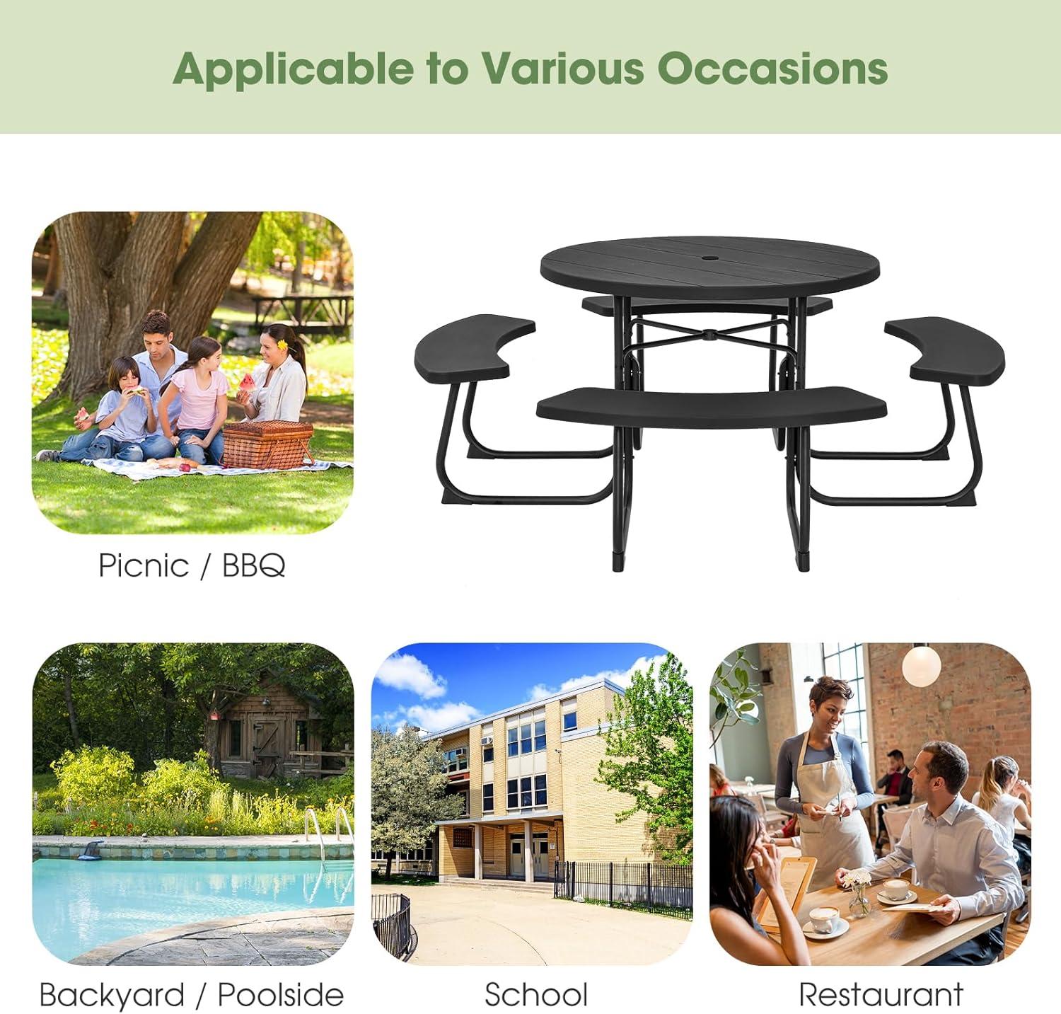image:imageGiantex Picnic Table Set for Up to 8 Persons Round Outdoor Table and Bench Set with Umbrella Hole HDPE Top amp Metal Frame 2000LBS Capacity Patio Table Bench for Deck Backyard Garden GreenBlack
