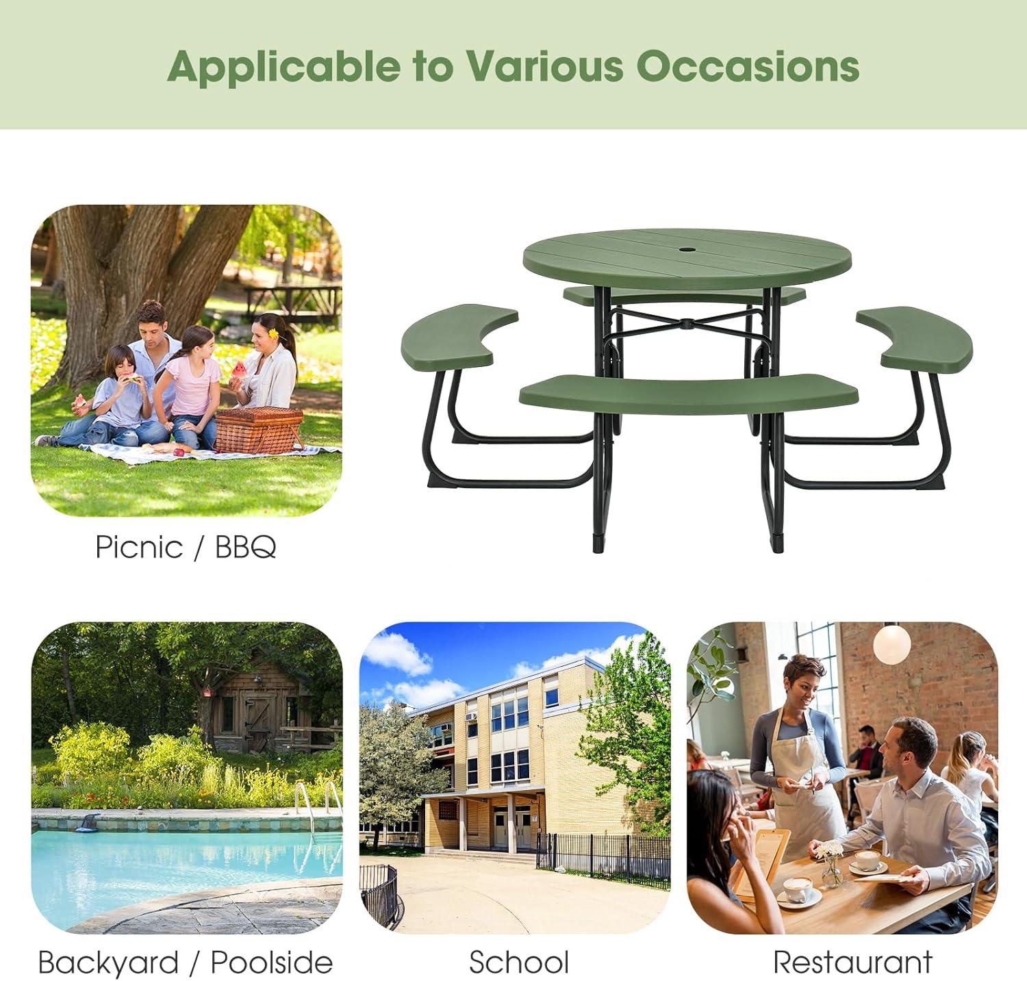 image:imageGiantex Picnic Table Set for Up to 8 Persons Round Outdoor Table and Bench Set with Umbrella Hole HDPE Top amp Metal Frame 2000LBS Capacity Patio Table Bench for Deck Backyard Garden GreenGreen