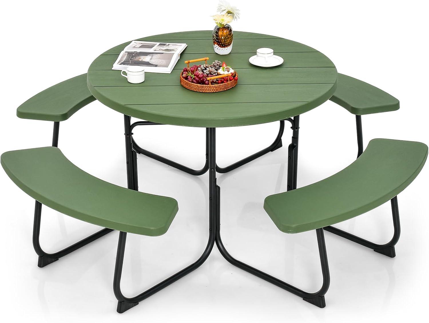 image:imageGiantex Picnic Table Set for Up to 8 Persons Round Outdoor Table and Bench Set with Umbrella Hole HDPE Top amp Metal Frame 2000LBS Capacity Patio Table Bench for Deck Backyard Garden GreenGreen