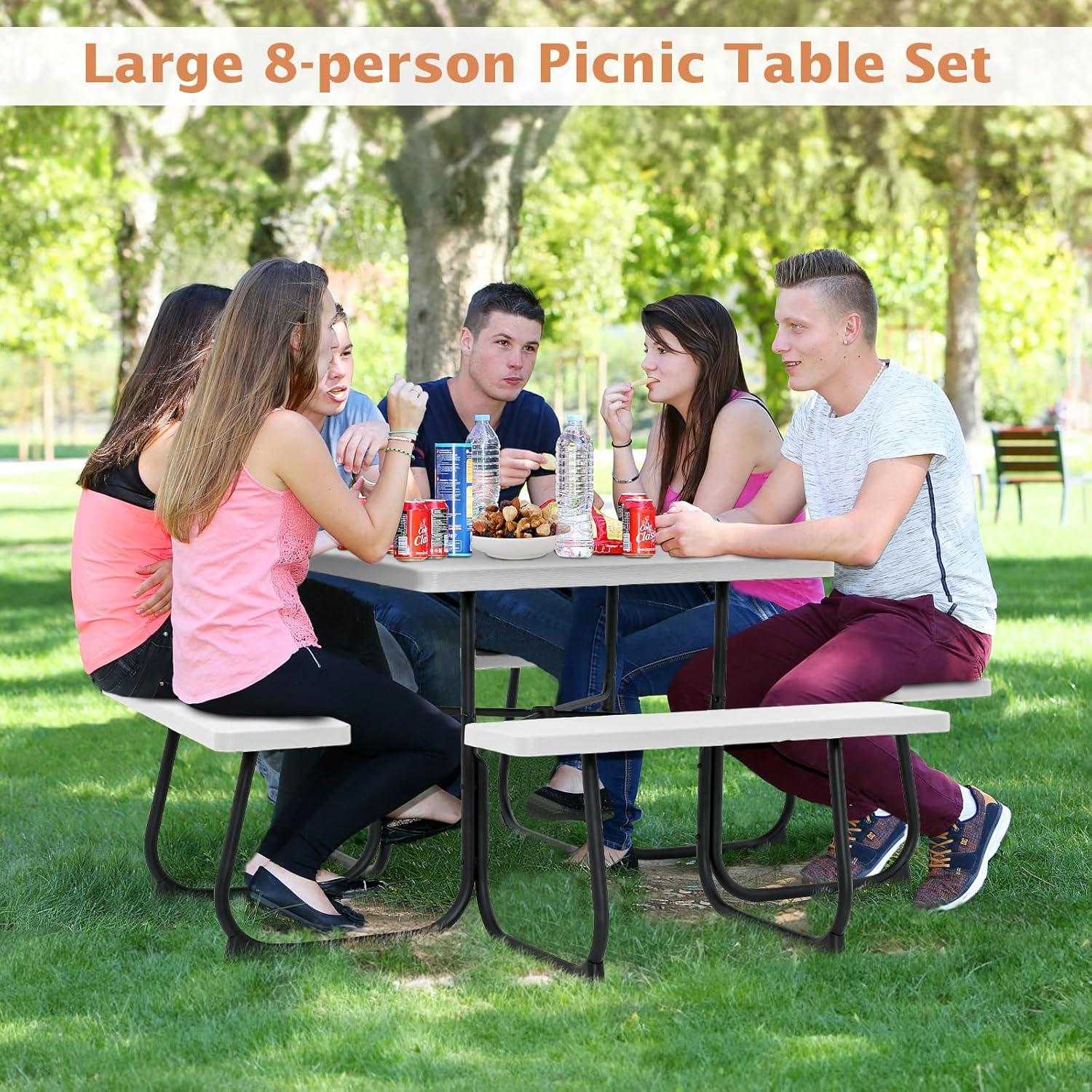 image:imageGiantex Picnic Table Set for Up to 8 Persons Round Outdoor Table and Bench Set with Umbrella Hole HDPE Top amp Metal Frame 2000LBS Capacity Patio Table Bench for Deck Backyard Garden GreenWhite
