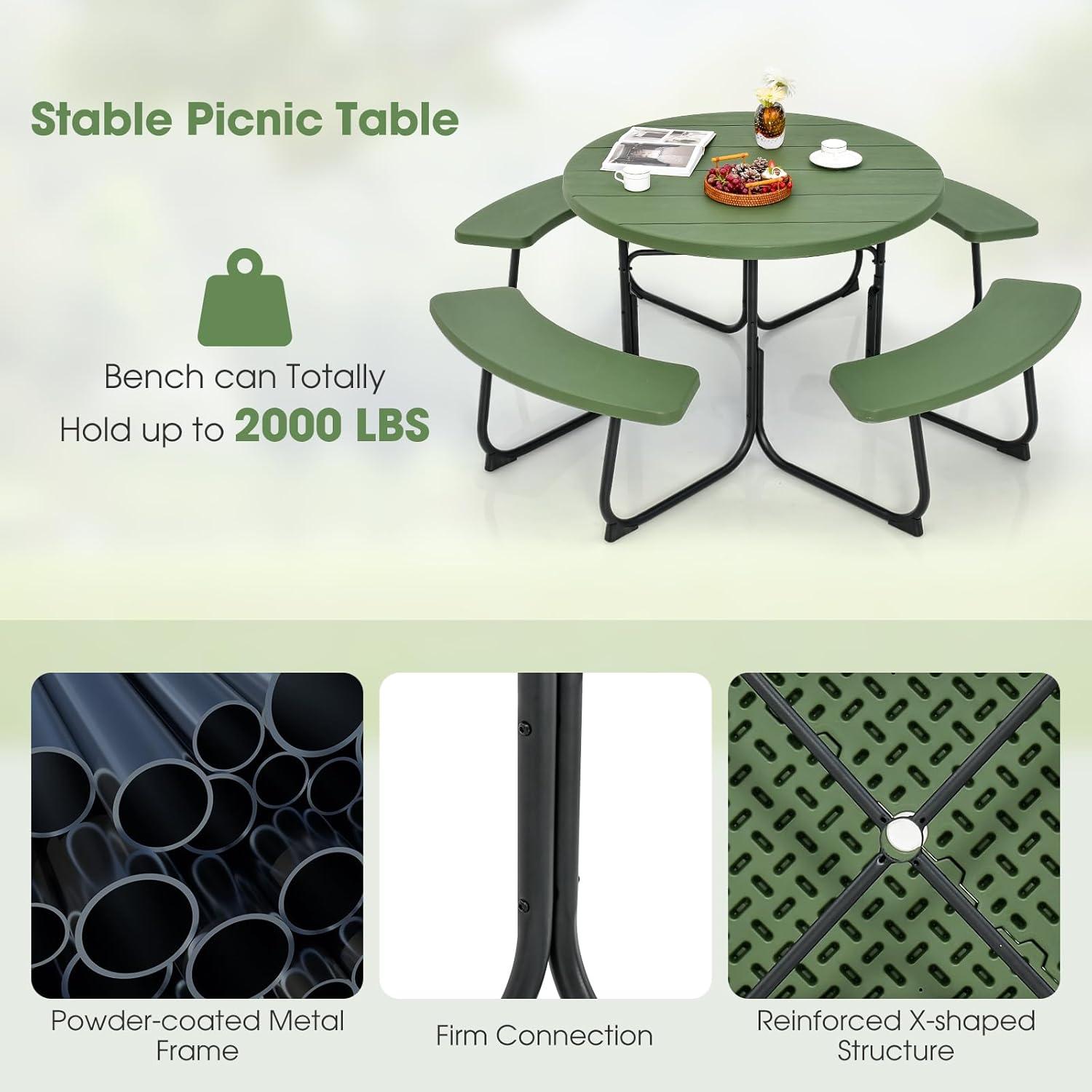 image:imageGiantex Picnic Table Set for Up to 8 Persons Round Outdoor Table and Bench Set with Umbrella Hole HDPE Top amp Metal Frame 2000LBS Capacity Patio Table Bench for Deck Backyard Garden GreenGreen