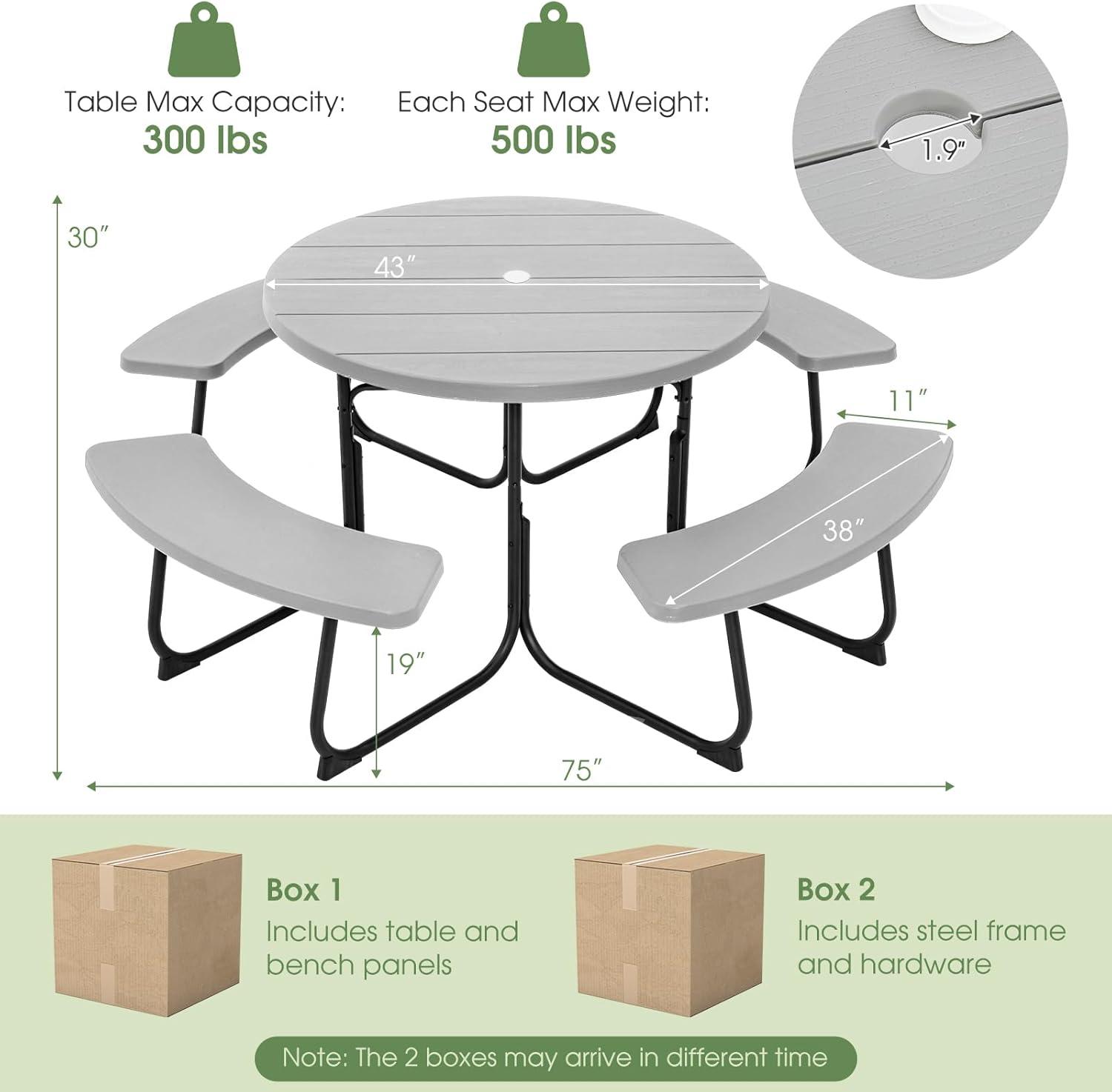 image:imageGiantex Picnic Table Set for Up to 8 Persons Round Outdoor Table and Bench Set with Umbrella Hole HDPE Top amp Metal Frame 2000LBS Capacity Patio Table Bench for Deck Backyard Garden GreenGrey