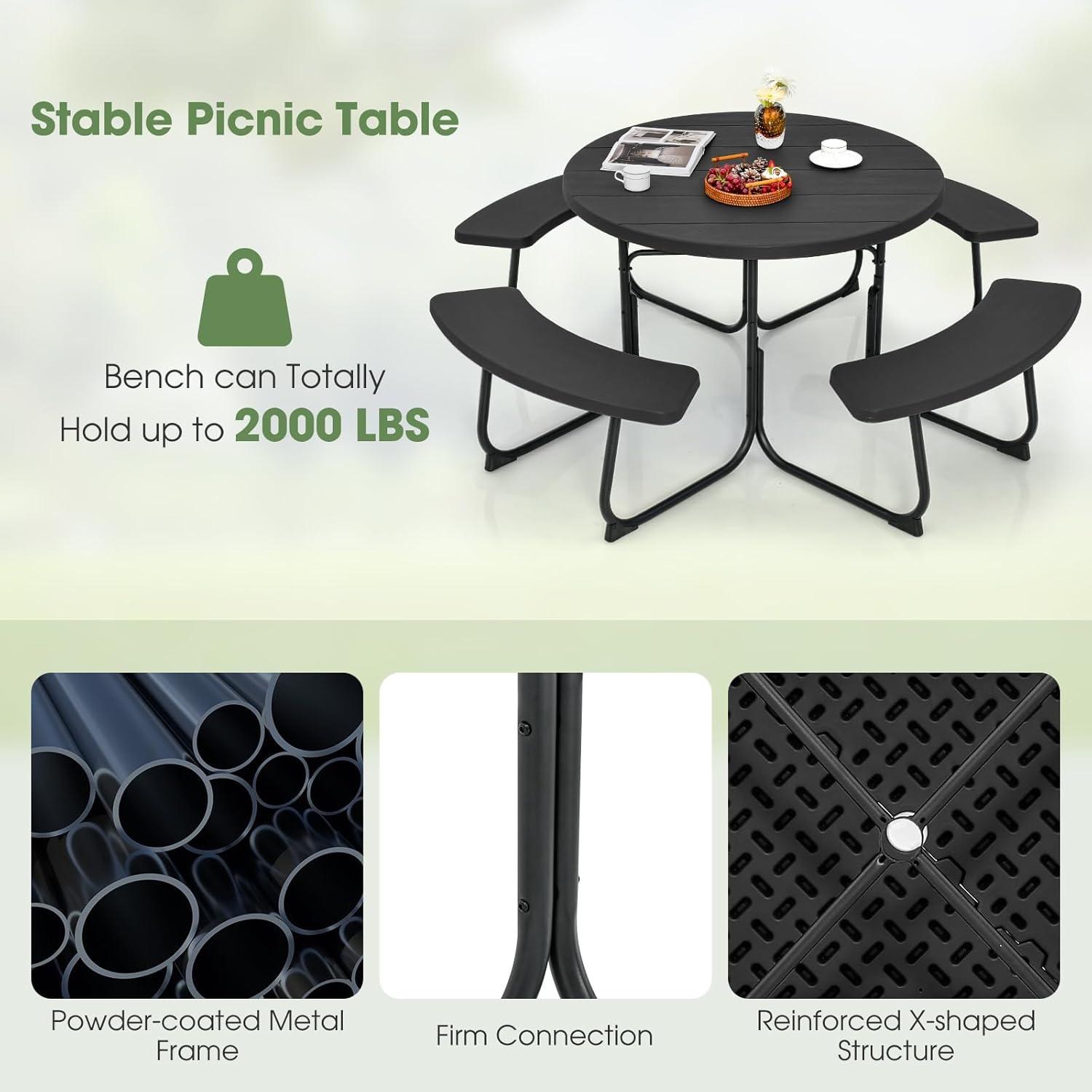 image:imageGiantex Picnic Table Set for Up to 8 Persons Round Outdoor Table and Bench Set with Umbrella Hole HDPE Top amp Metal Frame 2000LBS Capacity Patio Table Bench for Deck Backyard Garden GreenBlack