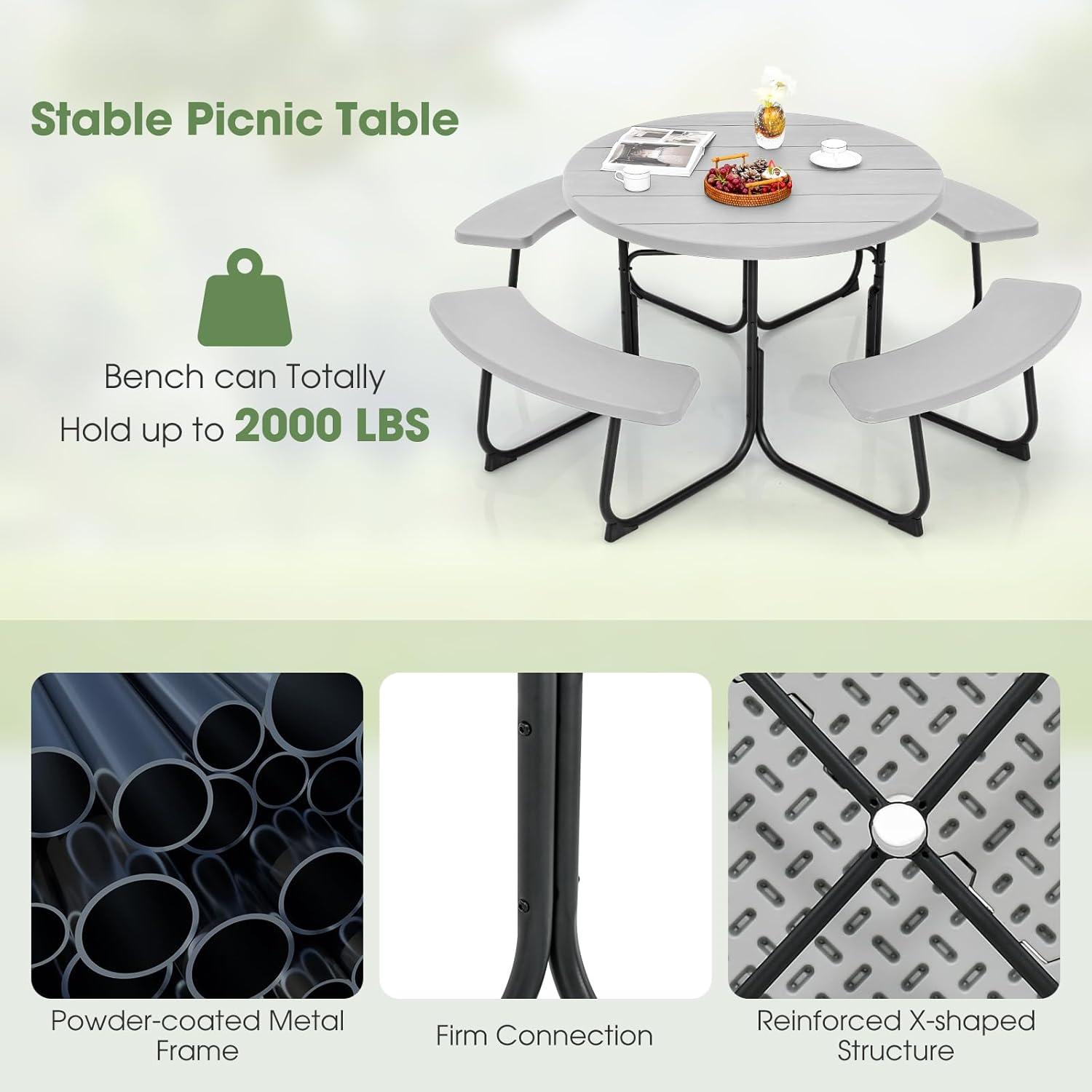 image:imageGiantex Picnic Table Set for Up to 8 Persons Round Outdoor Table and Bench Set with Umbrella Hole HDPE Top amp Metal Frame 2000LBS Capacity Patio Table Bench for Deck Backyard Garden GreenGrey