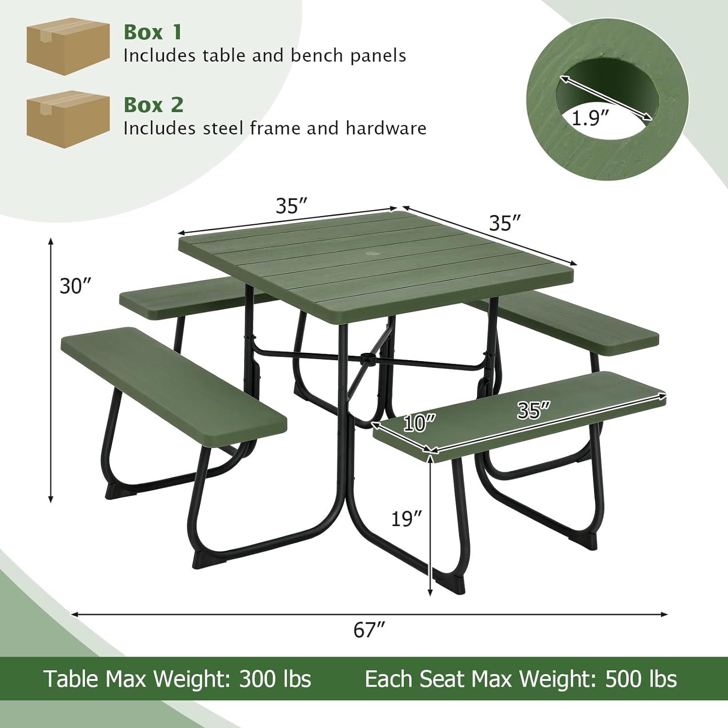 image:imageGiantex Picnic Table Set for Up to 8 Persons Round Outdoor Table and Bench Set with Umbrella Hole HDPE Top amp Metal Frame 2000LBS Capacity Patio Table Bench for Deck Backyard Garden GreenGreen