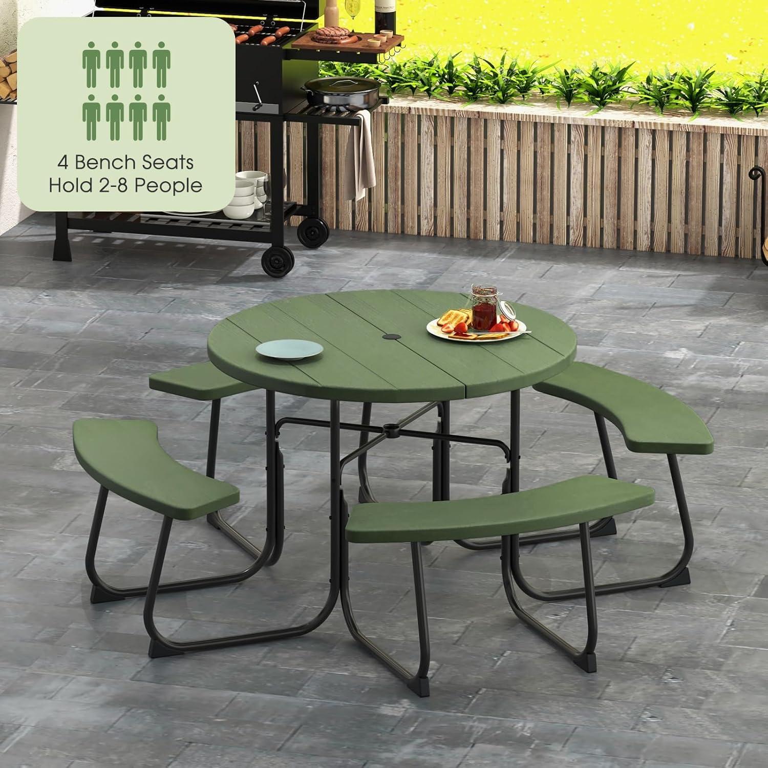 image:imageGiantex Picnic Table Set for Up to 8 Persons Round Outdoor Table and Bench Set with Umbrella Hole HDPE Top amp Metal Frame 2000LBS Capacity Patio Table Bench for Deck Backyard Garden GreenGreen