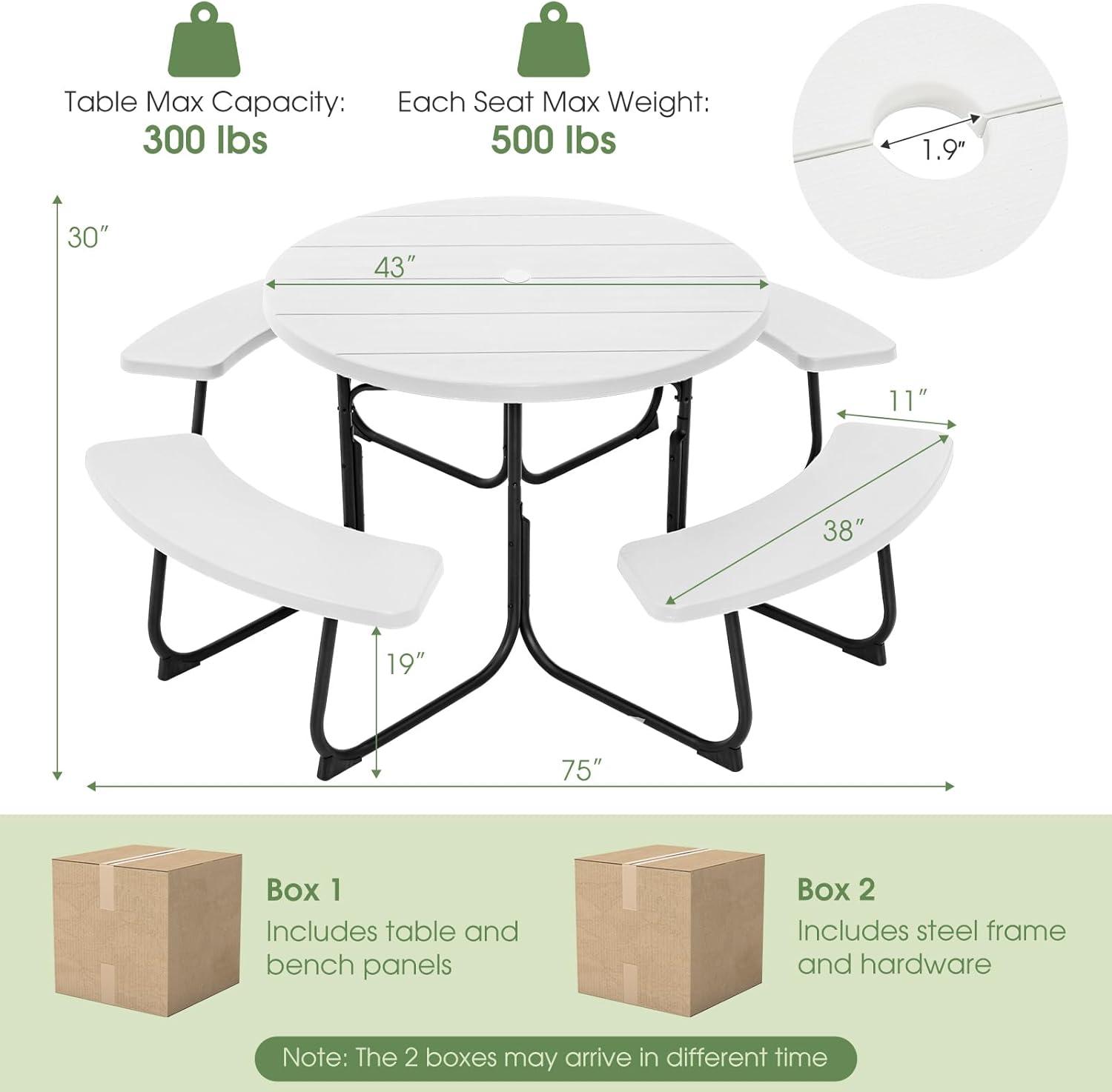 image:imageGiantex Picnic Table Set for Up to 8 Persons Round Outdoor Table and Bench Set with Umbrella Hole HDPE Top amp Metal Frame 2000LBS Capacity Patio Table Bench for Deck Backyard Garden GreenWhite