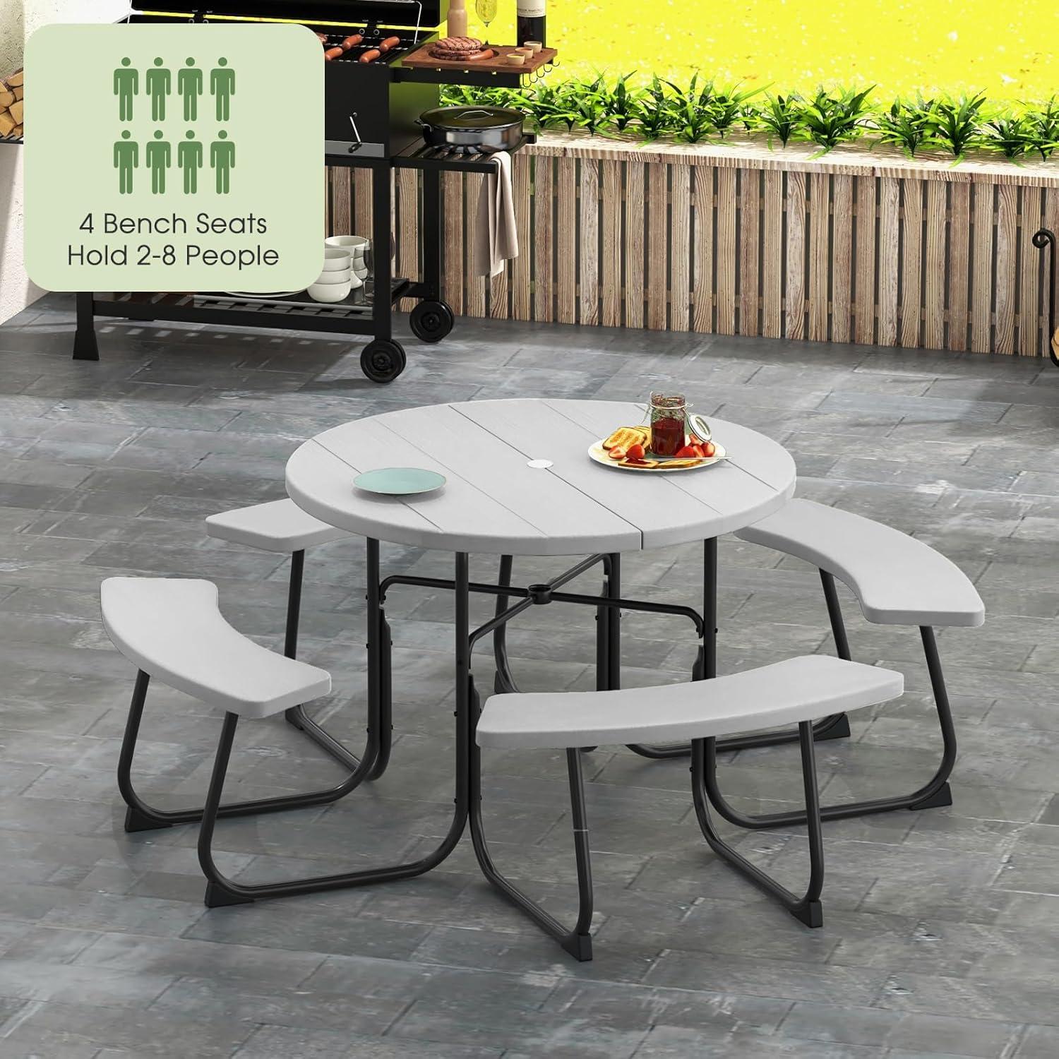 image:imageGiantex Picnic Table Set for Up to 8 Persons Round Outdoor Table and Bench Set with Umbrella Hole HDPE Top amp Metal Frame 2000LBS Capacity Patio Table Bench for Deck Backyard Garden GreenGrey