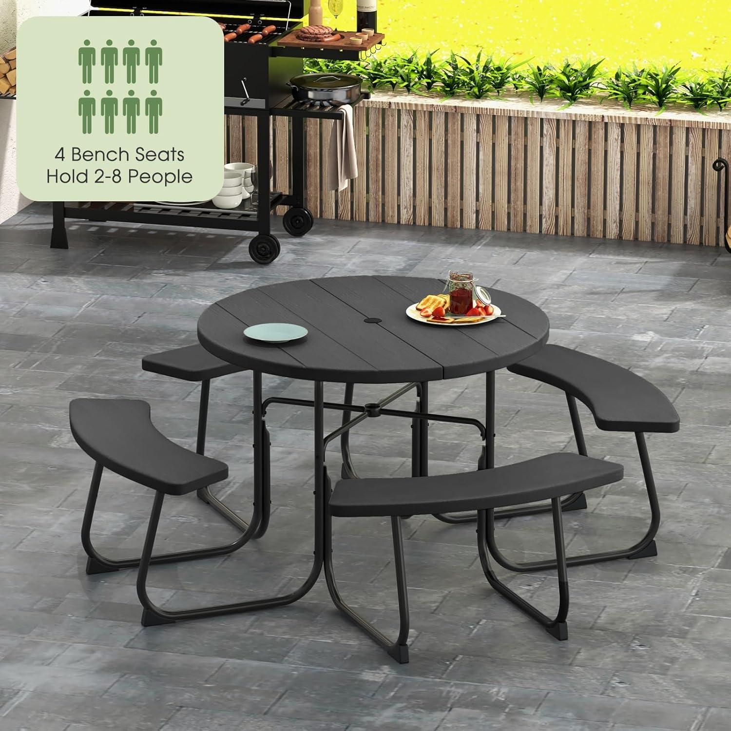 image:imageGiantex Picnic Table Set for Up to 8 Persons Round Outdoor Table and Bench Set with Umbrella Hole HDPE Top amp Metal Frame 2000LBS Capacity Patio Table Bench for Deck Backyard Garden GreenBlack