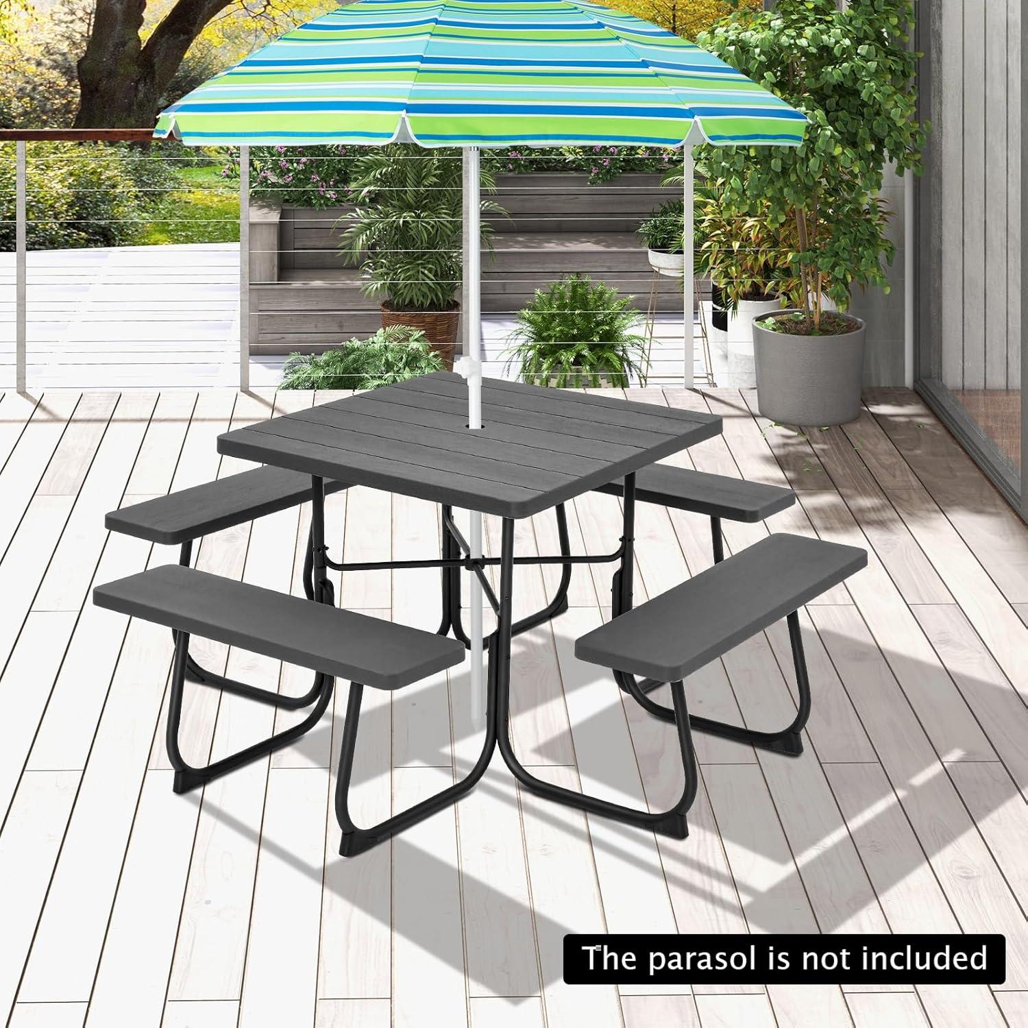 image:imageGiantex Picnic Table Set for Up to 8 Persons Round Outdoor Table and Bench Set with Umbrella Hole HDPE Top amp Metal Frame 2000LBS Capacity Patio Table Bench for Deck Backyard Garden GreenBlack