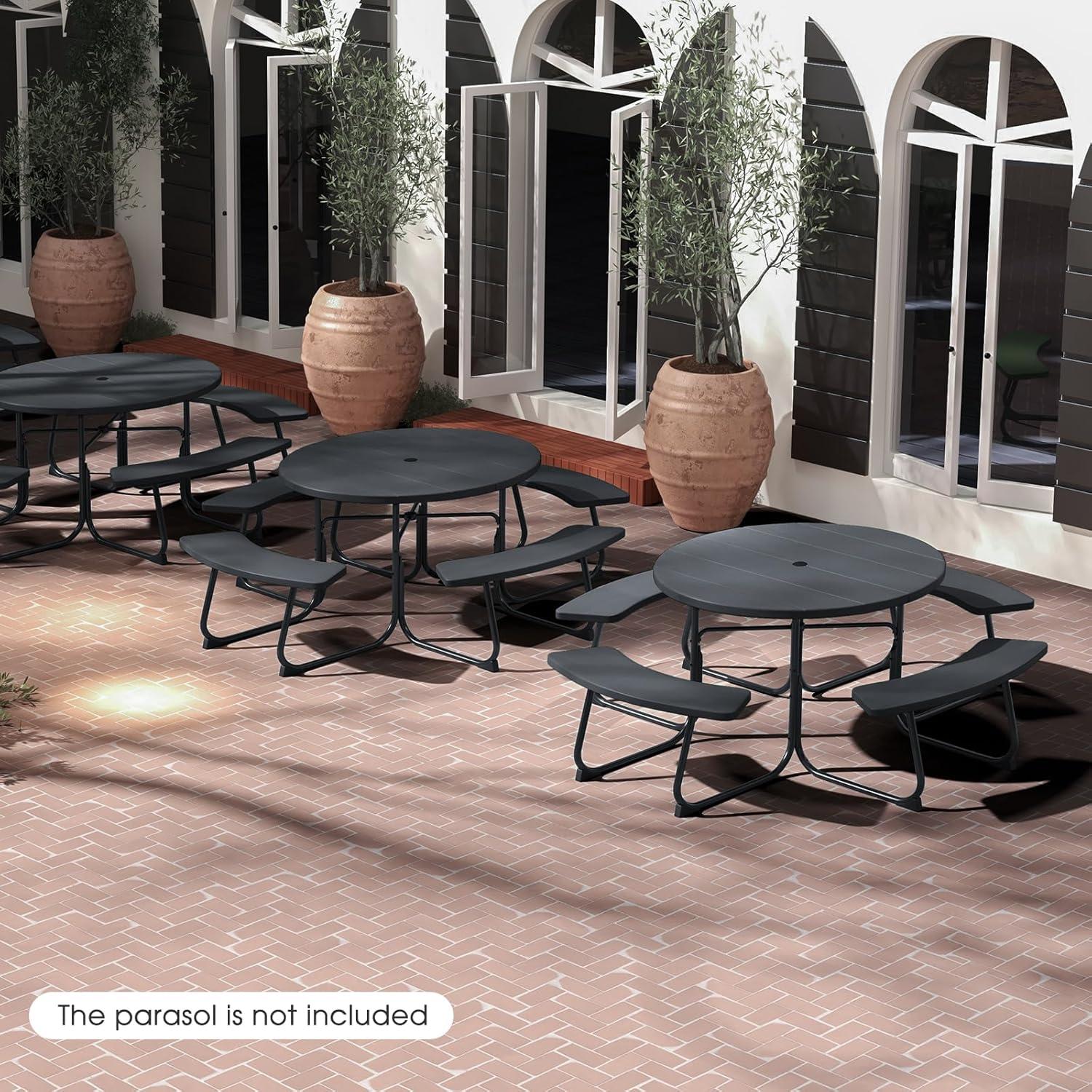 image:imageGiantex Picnic Table Set for Up to 8 Persons Round Outdoor Table and Bench Set with Umbrella Hole HDPE Top amp Metal Frame 2000LBS Capacity Patio Table Bench for Deck Backyard Garden GreenBlack