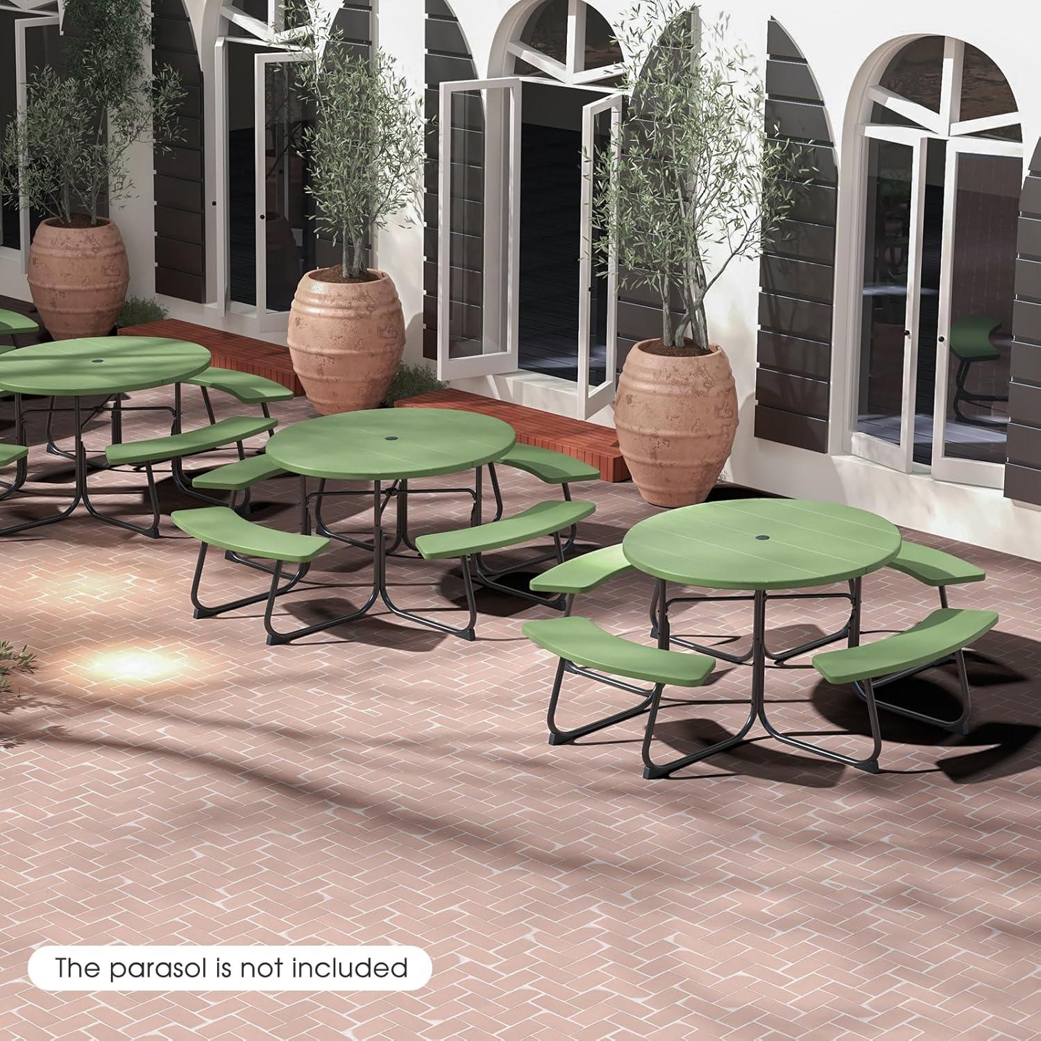 image:imageGiantex Picnic Table Set for Up to 8 Persons Round Outdoor Table and Bench Set with Umbrella Hole HDPE Top amp Metal Frame 2000LBS Capacity Patio Table Bench for Deck Backyard Garden GreenGreen