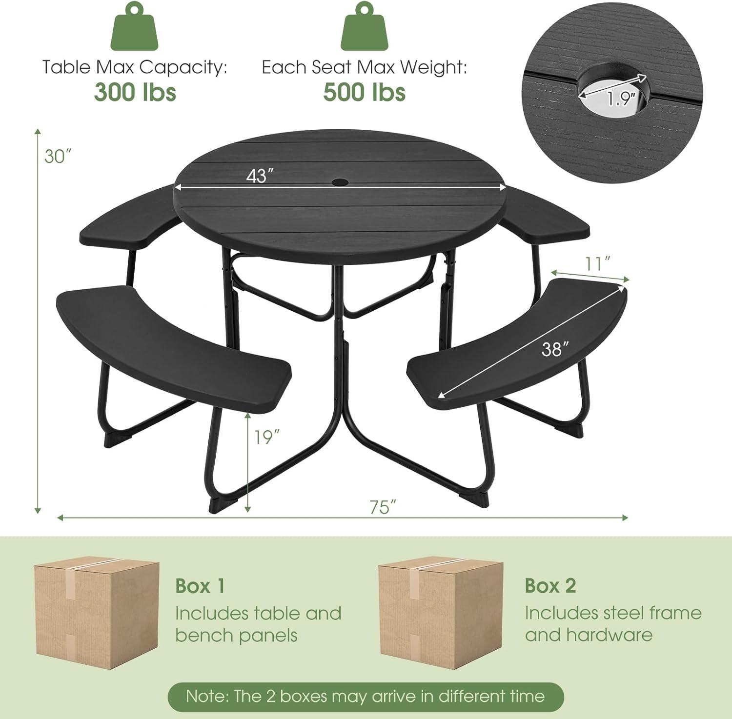 image:imageGiantex Picnic Table Set for Up to 8 Persons Round Outdoor Table and Bench Set with Umbrella Hole HDPE Top amp Metal Frame 2000LBS Capacity Patio Table Bench for Deck Backyard Garden GreenBlack