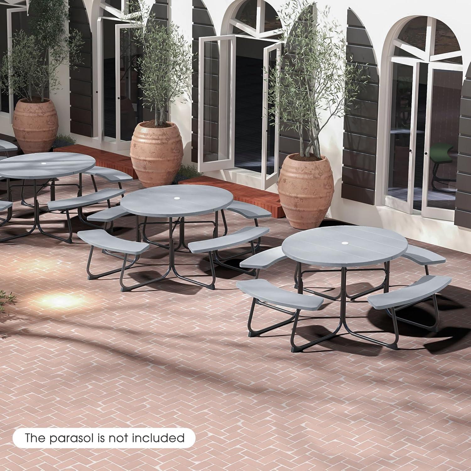 image:imageGiantex Picnic Table Set for Up to 8 Persons Round Outdoor Table and Bench Set with Umbrella Hole HDPE Top amp Metal Frame 2000LBS Capacity Patio Table Bench for Deck Backyard Garden GreenGrey