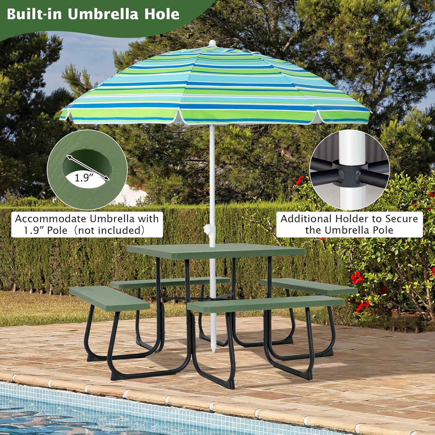 image:imageGiantex Picnic Table Set for Up to 8 Persons Round Outdoor Table and Bench Set with Umbrella Hole HDPE Top amp Metal Frame 2000LBS Capacity Patio Table Bench for Deck Backyard Garden GreenGreen