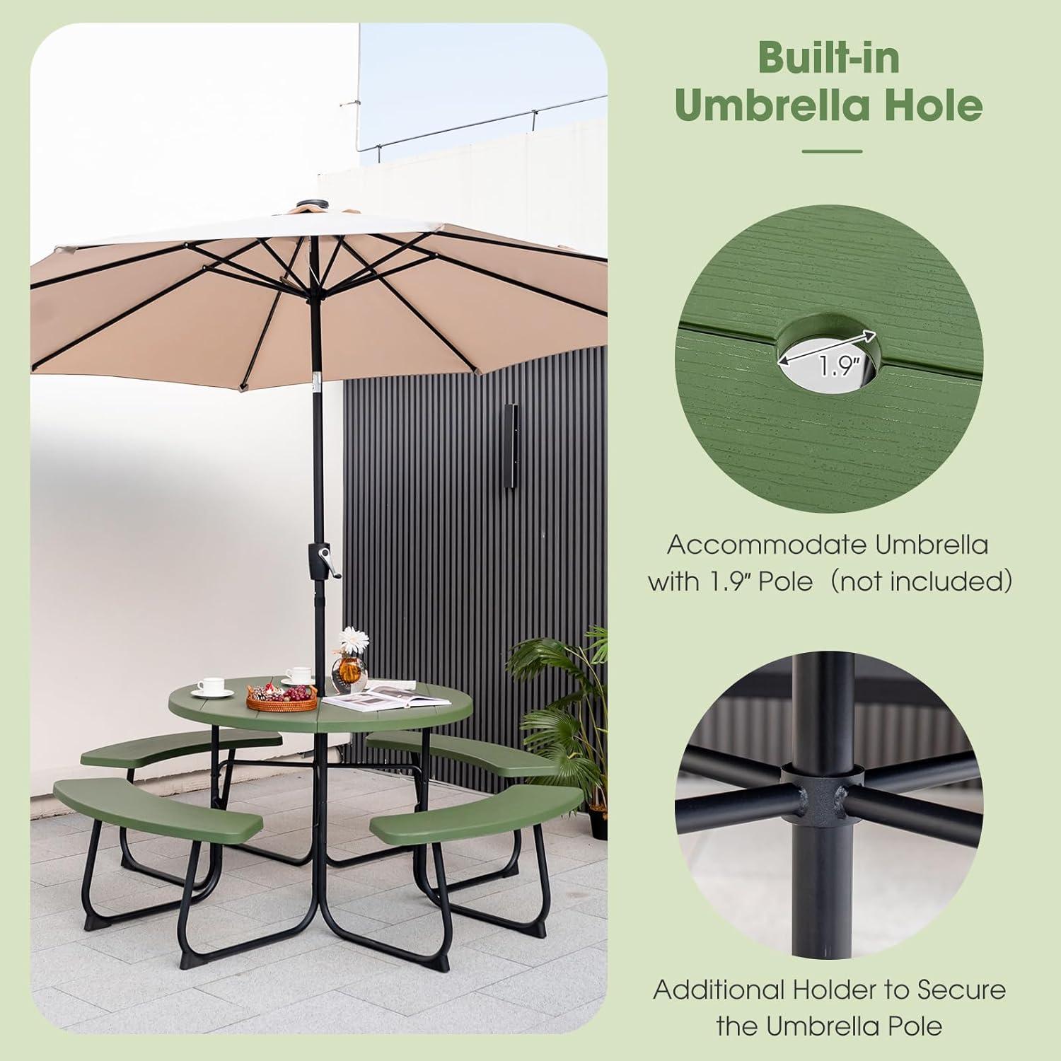 image:imageGiantex Picnic Table Set for Up to 8 Persons Round Outdoor Table and Bench Set with Umbrella Hole HDPE Top amp Metal Frame 2000LBS Capacity Patio Table Bench for Deck Backyard Garden GreenGreen