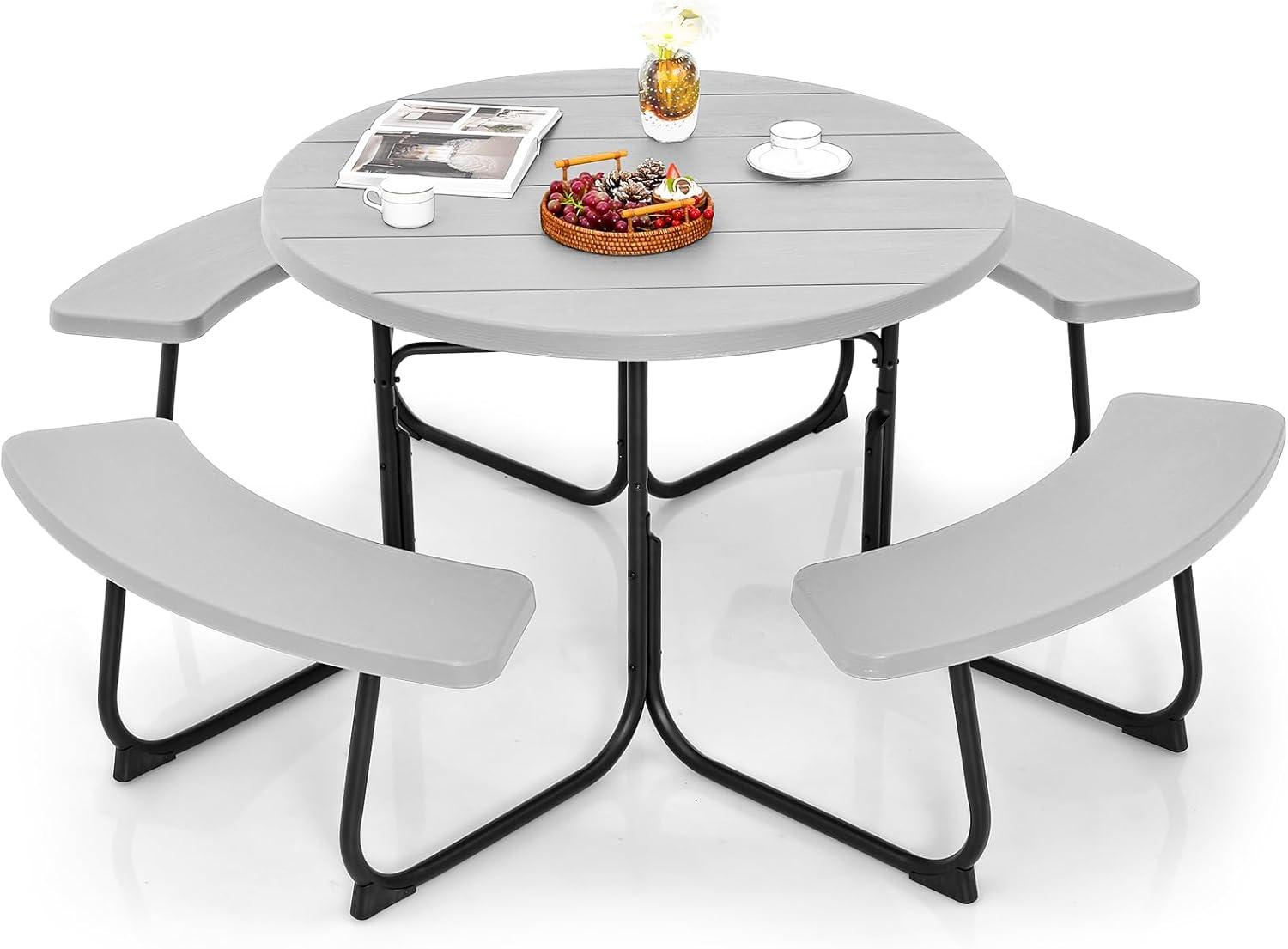 image:imageGiantex Picnic Table Set for Up to 8 Persons Round Outdoor Table and Bench Set with Umbrella Hole HDPE Top amp Metal Frame 2000LBS Capacity Patio Table Bench for Deck Backyard Garden GreenGrey