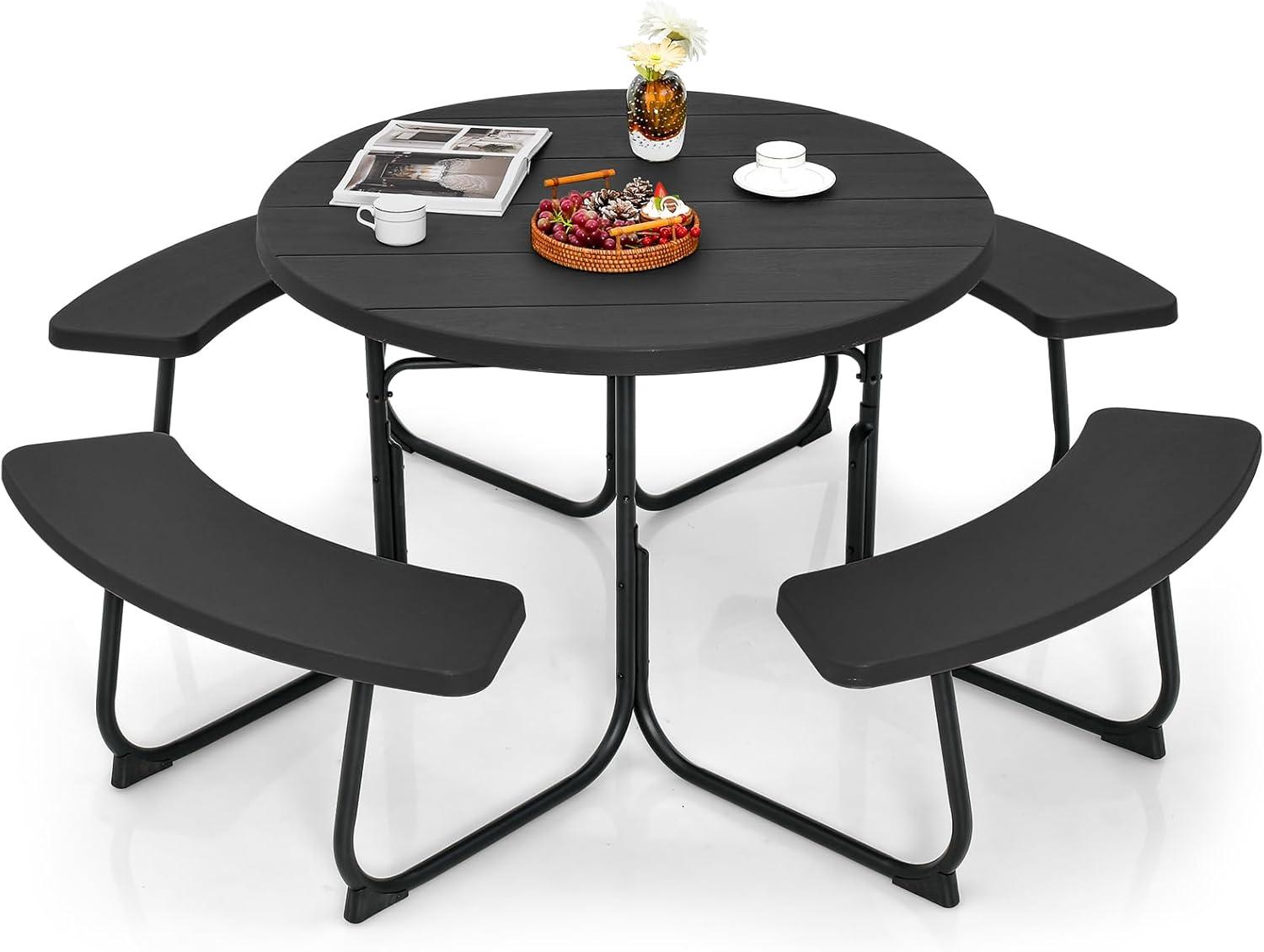 image:imageGiantex Picnic Table Set for Up to 8 Persons Round Outdoor Table and Bench Set with Umbrella Hole HDPE Top amp Metal Frame 2000LBS Capacity Patio Table Bench for Deck Backyard Garden GreenBlack