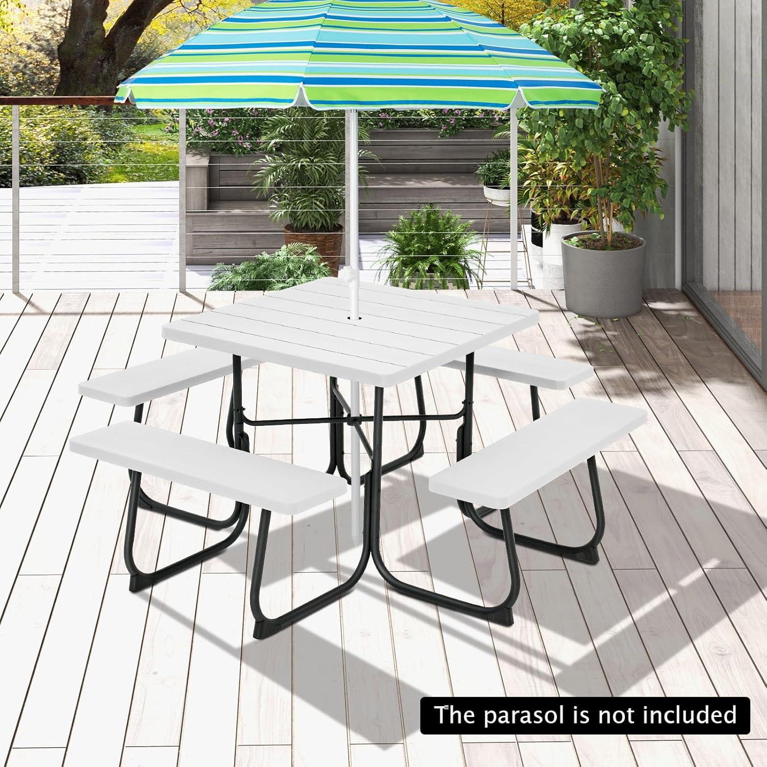 image:imageGiantex Picnic Table Set for Up to 8 Persons Round Outdoor Table and Bench Set with Umbrella Hole HDPE Top amp Metal Frame 2000LBS Capacity Patio Table Bench for Deck Backyard Garden GreenWhite