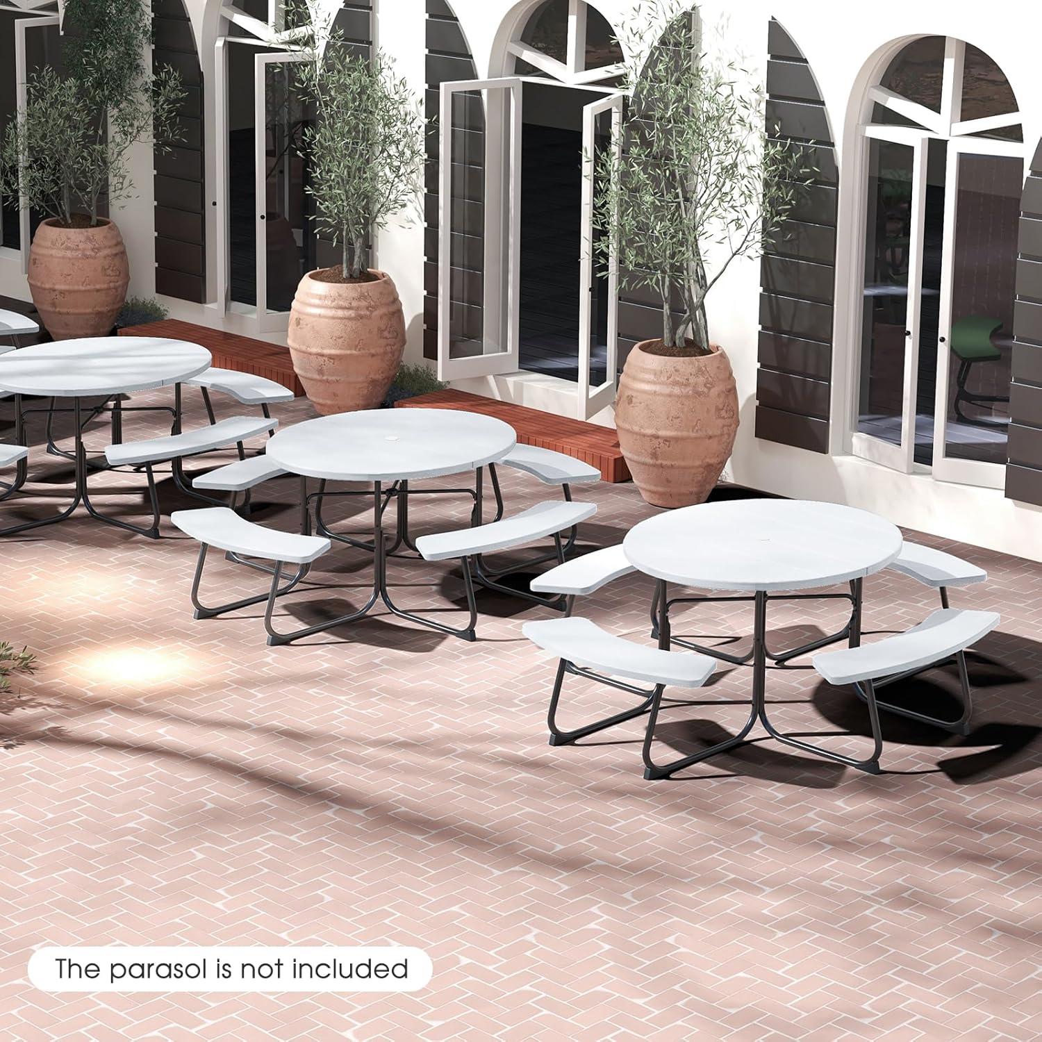 image:imageGiantex Picnic Table Set for Up to 8 Persons Round Outdoor Table and Bench Set with Umbrella Hole HDPE Top amp Metal Frame 2000LBS Capacity Patio Table Bench for Deck Backyard Garden GreenWhite