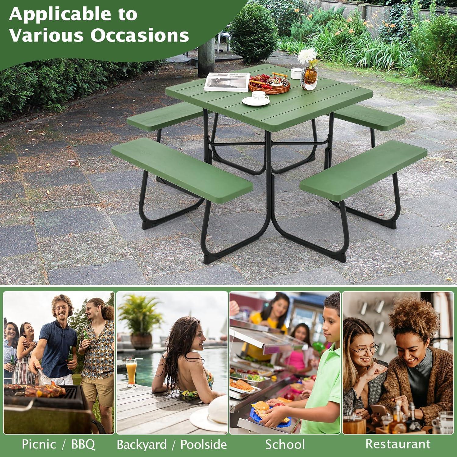 image:imageGiantex Picnic Table Set for Up to 8 Persons Round Outdoor Table and Bench Set with Umbrella Hole HDPE Top amp Metal Frame 2000LBS Capacity Patio Table Bench for Deck Backyard Garden GreenGreen