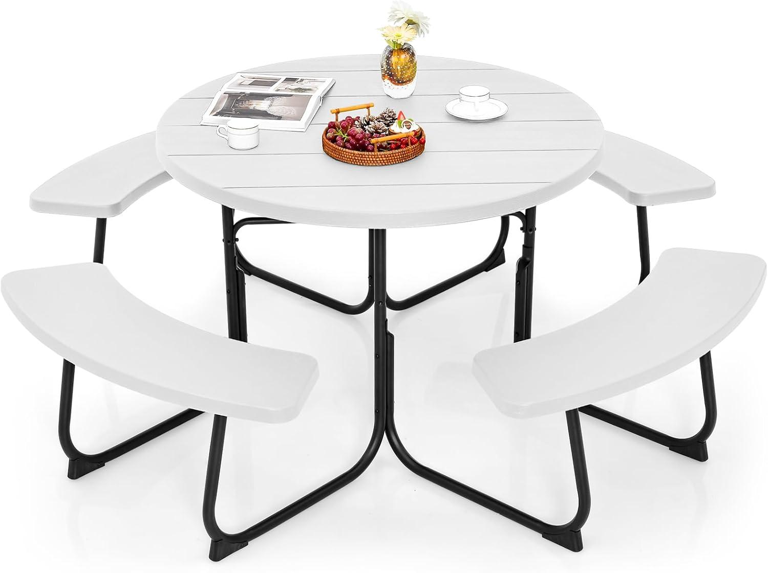 image:imageGiantex Picnic Table Set for Up to 8 Persons Round Outdoor Table and Bench Set with Umbrella Hole HDPE Top amp Metal Frame 2000LBS Capacity Patio Table Bench for Deck Backyard Garden GreenWhite