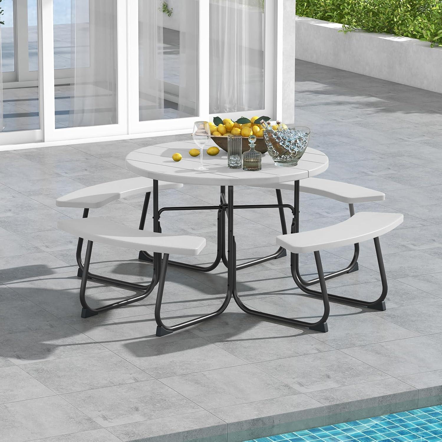 image:imageGiantex Picnic Table Set for Up to 8 Persons Round Outdoor Table and Bench Set with Umbrella Hole HDPE Top amp Metal Frame 2000LBS Capacity Patio Table Bench for Deck Backyard Garden GreenWhite