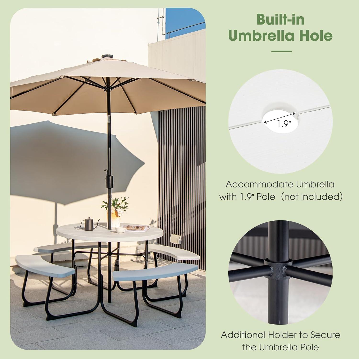 image:imageGiantex Picnic Table Set for Up to 8 Persons Round Outdoor Table and Bench Set with Umbrella Hole HDPE Top amp Metal Frame 2000LBS Capacity Patio Table Bench for Deck Backyard Garden GreenWhite