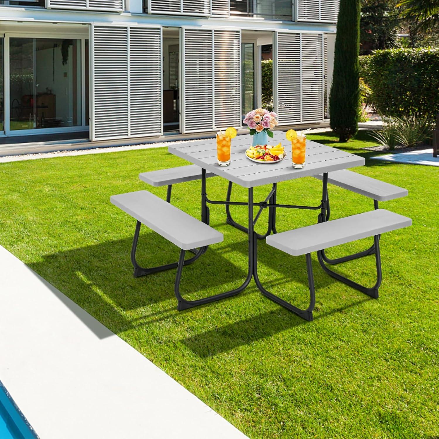 image:imageGiantex Picnic Table Set for Up to 8 Persons Round Outdoor Table and Bench Set with Umbrella Hole HDPE Top amp Metal Frame 2000LBS Capacity Patio Table Bench for Deck Backyard Garden GreenGrey