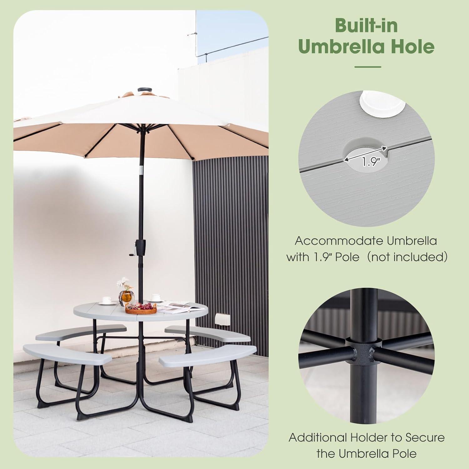 image:imageGiantex Picnic Table Set for Up to 8 Persons Round Outdoor Table and Bench Set with Umbrella Hole HDPE Top amp Metal Frame 2000LBS Capacity Patio Table Bench for Deck Backyard Garden GreenGrey