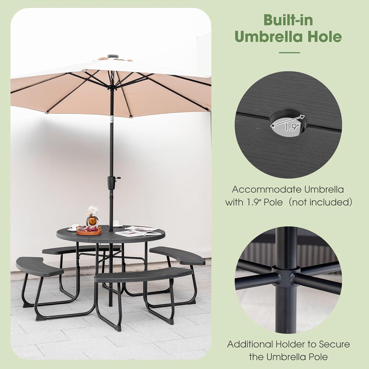 image:imageGiantex Picnic Table Set for Up to 8 Persons Round Outdoor Table and Bench Set with Umbrella Hole HDPE Top amp Metal Frame 2000LBS Capacity Patio Table Bench for Deck Backyard Garden GreenBlack