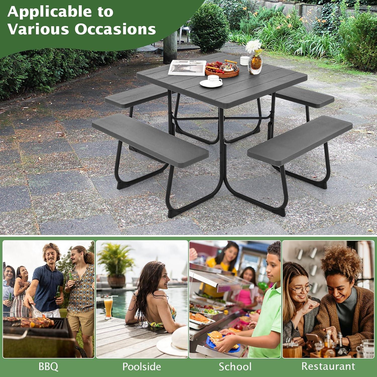 image:imageGiantex Picnic Table Set for Up to 8 Persons Round Outdoor Table and Bench Set with Umbrella Hole HDPE Top amp Metal Frame 2000LBS Capacity Patio Table Bench for Deck Backyard Garden GreenBlack