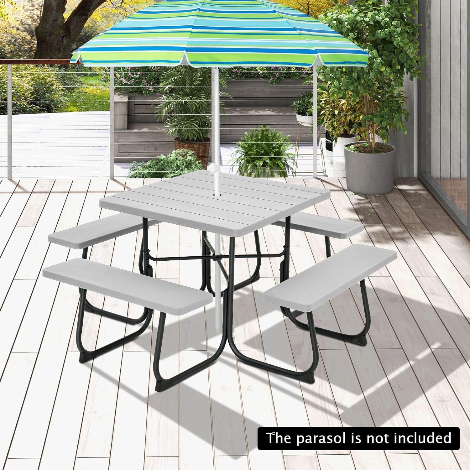 image:imageGiantex Picnic Table Set for Up to 8 Persons Round Outdoor Table and Bench Set with Umbrella Hole HDPE Top amp Metal Frame 2000LBS Capacity Patio Table Bench for Deck Backyard Garden GreenGrey