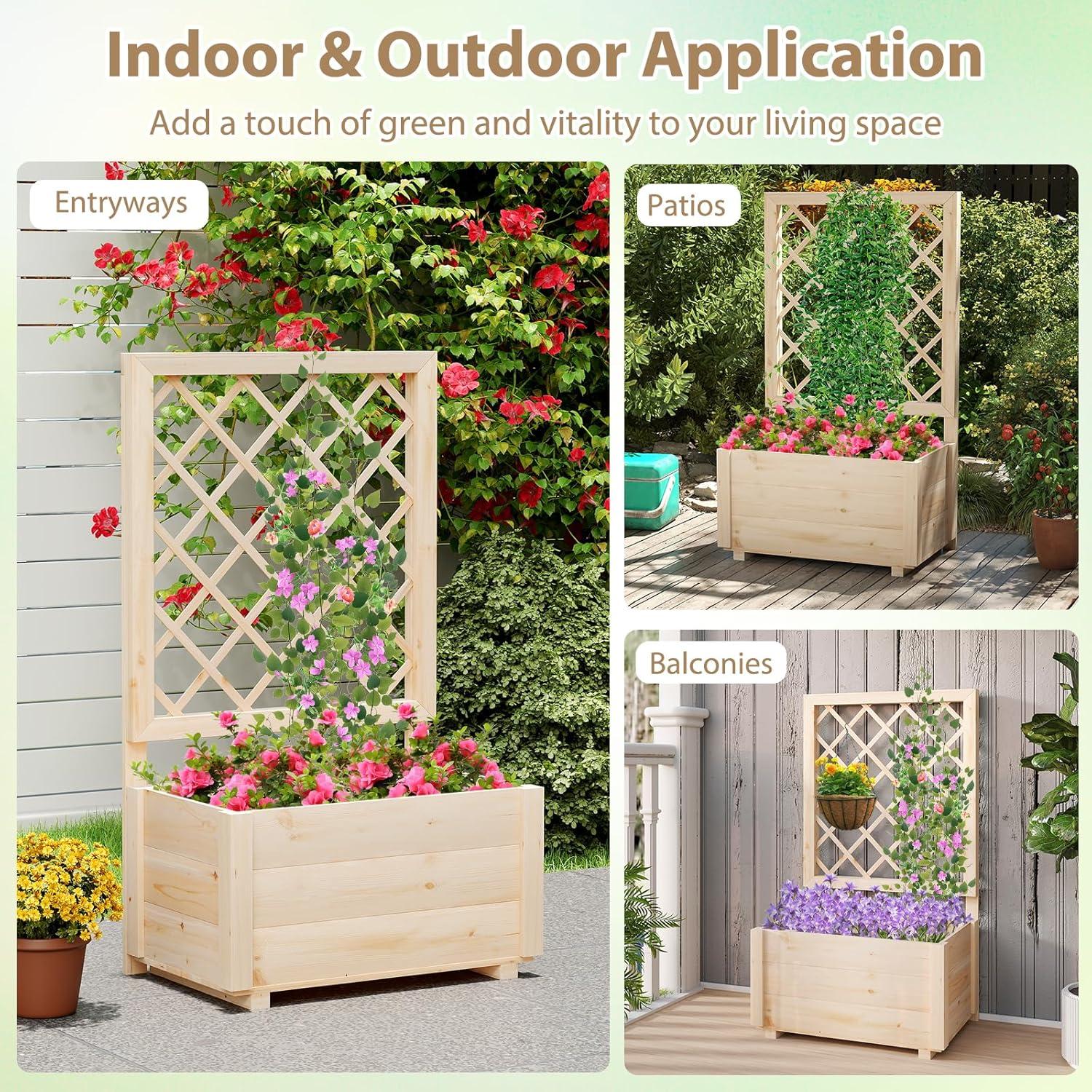 image:imageGiantex Raised Garden Bed Set 2 wTrellis Drainage Hole 39x14x40 Wood Elevated Planter Box for Climbing Vine Flower Herb Vegetable Fruit Planting Container for Indoor Outdoor Patio BalconyNatural