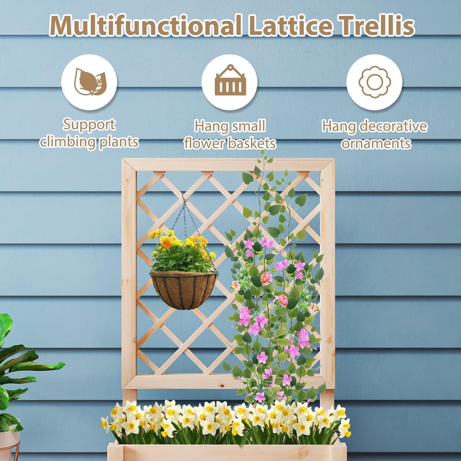 image:imageGiantex Raised Garden Bed Set 2 wTrellis Drainage Hole 39x14x40 Wood Elevated Planter Box for Climbing Vine Flower Herb Vegetable Fruit Planting Container for Indoor Outdoor Patio BalconyNatural