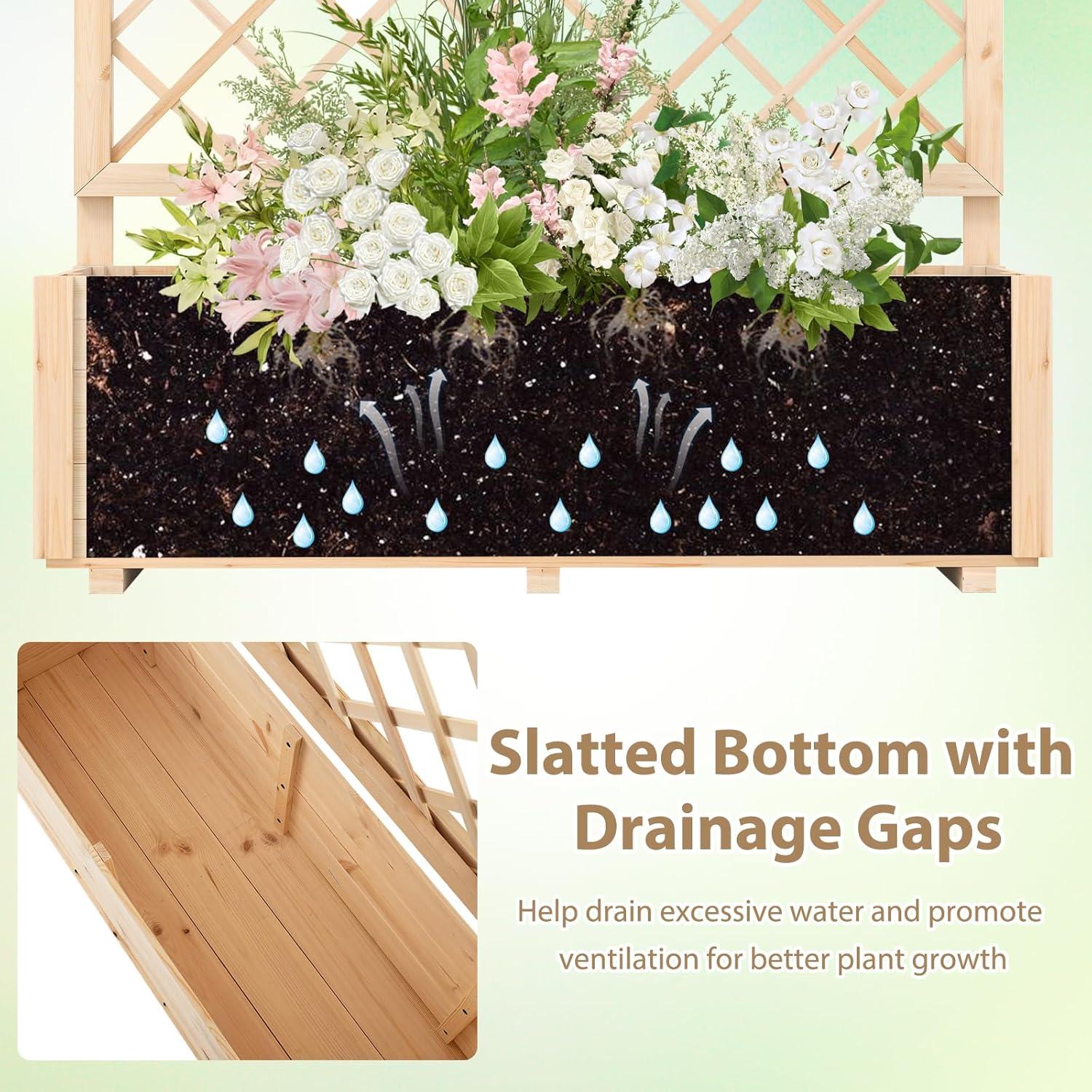 image:imageGiantex Raised Garden Bed Set 2 wTrellis Drainage Hole 39x14x40 Wood Elevated Planter Box for Climbing Vine Flower Herb Vegetable Fruit Planting Container for Indoor Outdoor Patio BalconyNatural