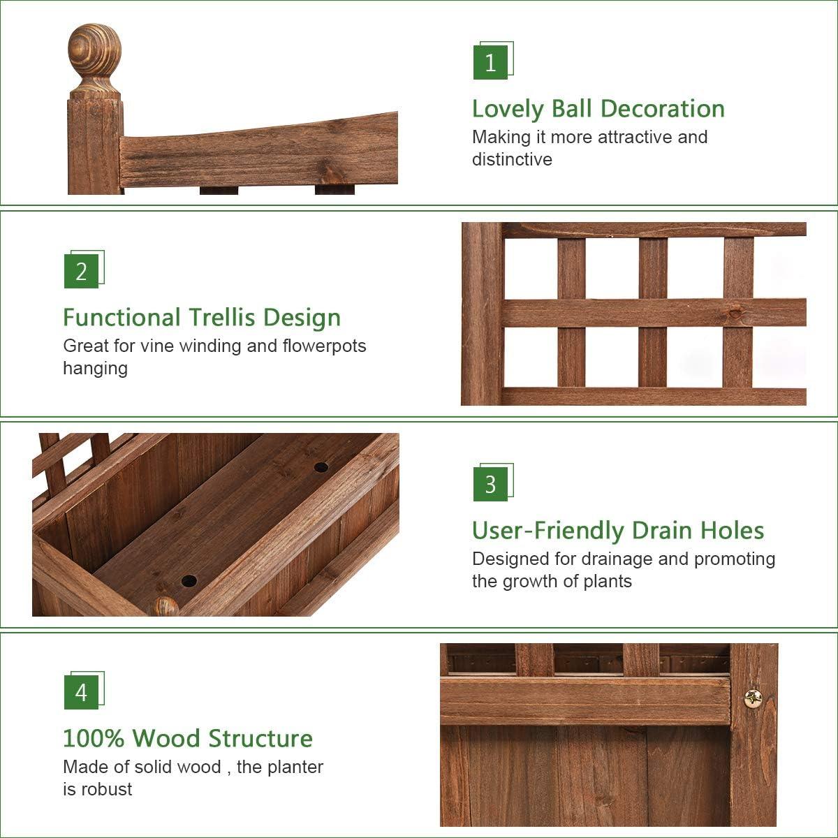 image:imageGiantex Raised Garden Bed Set 2 wTrellis Drainage Hole 39x14x40 Wood Elevated Planter Box for Climbing Vine Flower Herb Vegetable Fruit Planting Container for Indoor Outdoor Patio BalconyBrown