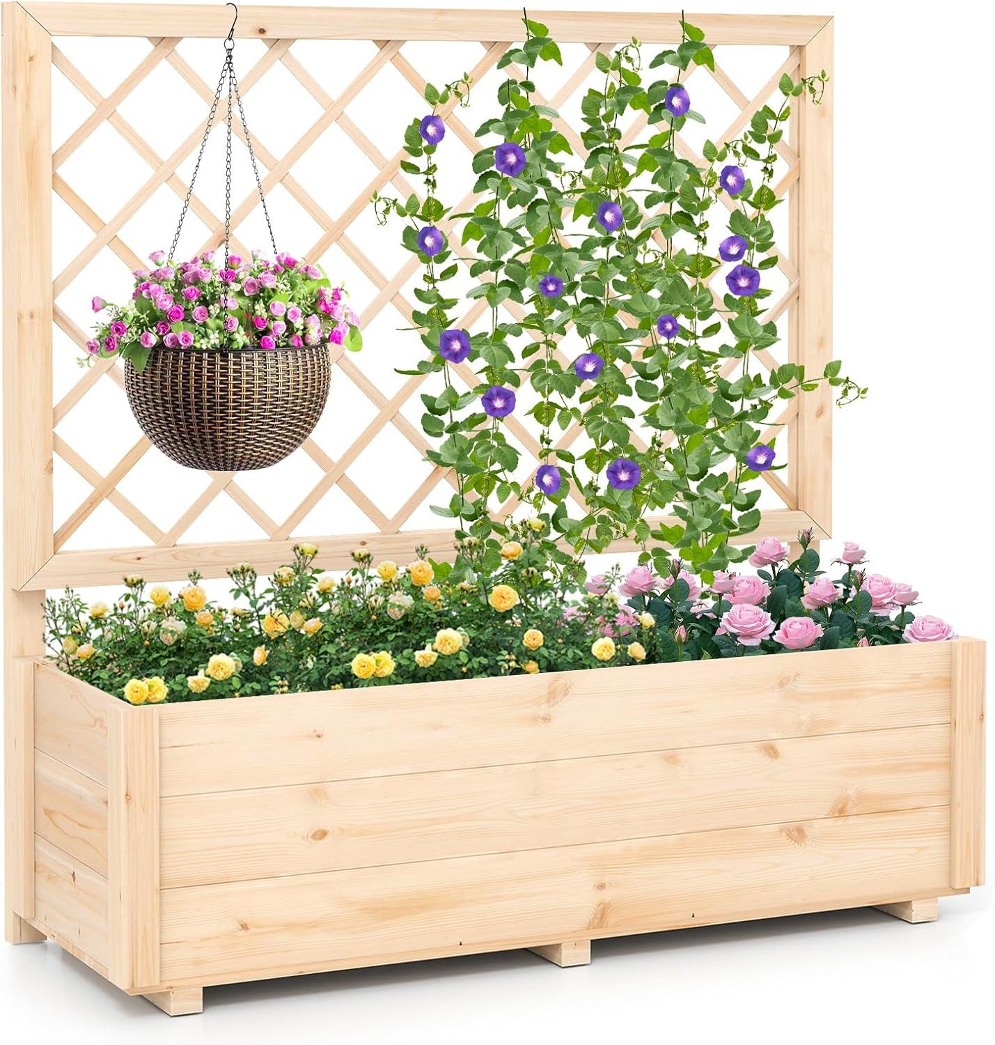 image:imageGiantex Raised Garden Bed Set 2 wTrellis Drainage Hole 39x14x40 Wood Elevated Planter Box for Climbing Vine Flower Herb Vegetable Fruit Planting Container for Indoor Outdoor Patio BalconyNatural