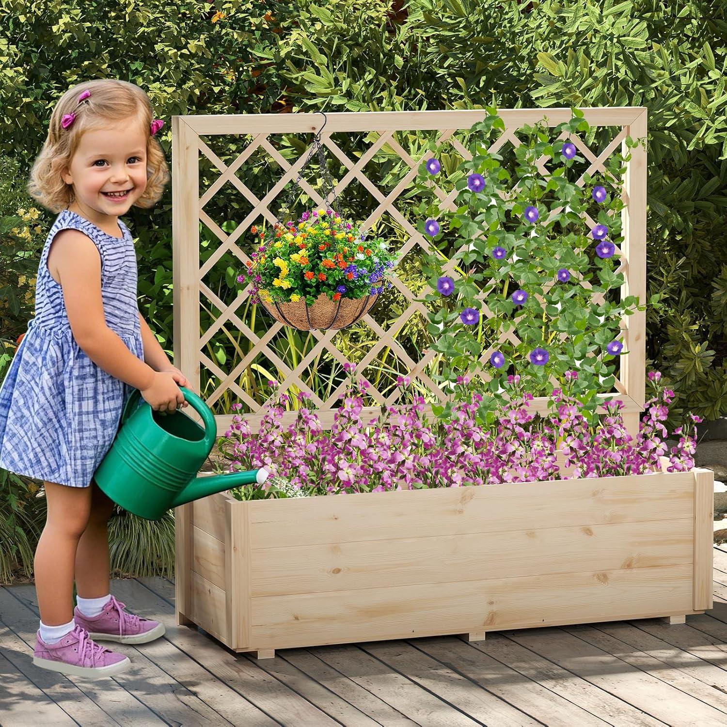 image:imageGiantex Raised Garden Bed Set 2 wTrellis Drainage Hole 39x14x40 Wood Elevated Planter Box for Climbing Vine Flower Herb Vegetable Fruit Planting Container for Indoor Outdoor Patio BalconyNatural