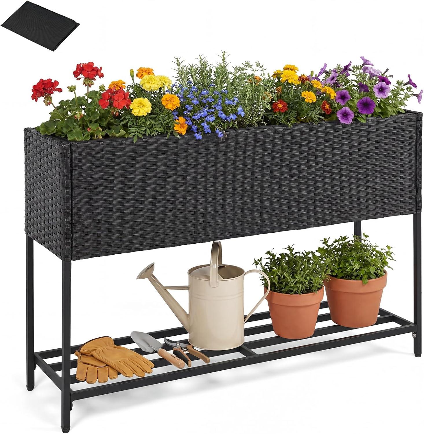 image:imageGiantex Raised Garden Bed with Legs 40 x 12 Rattan Elevated Planter Box wStorage Shelf Removable Liner Drainage Gaps for Vegetables Flowers amp Herbs Outdoor Planting Stand for Backyard PatioBlack