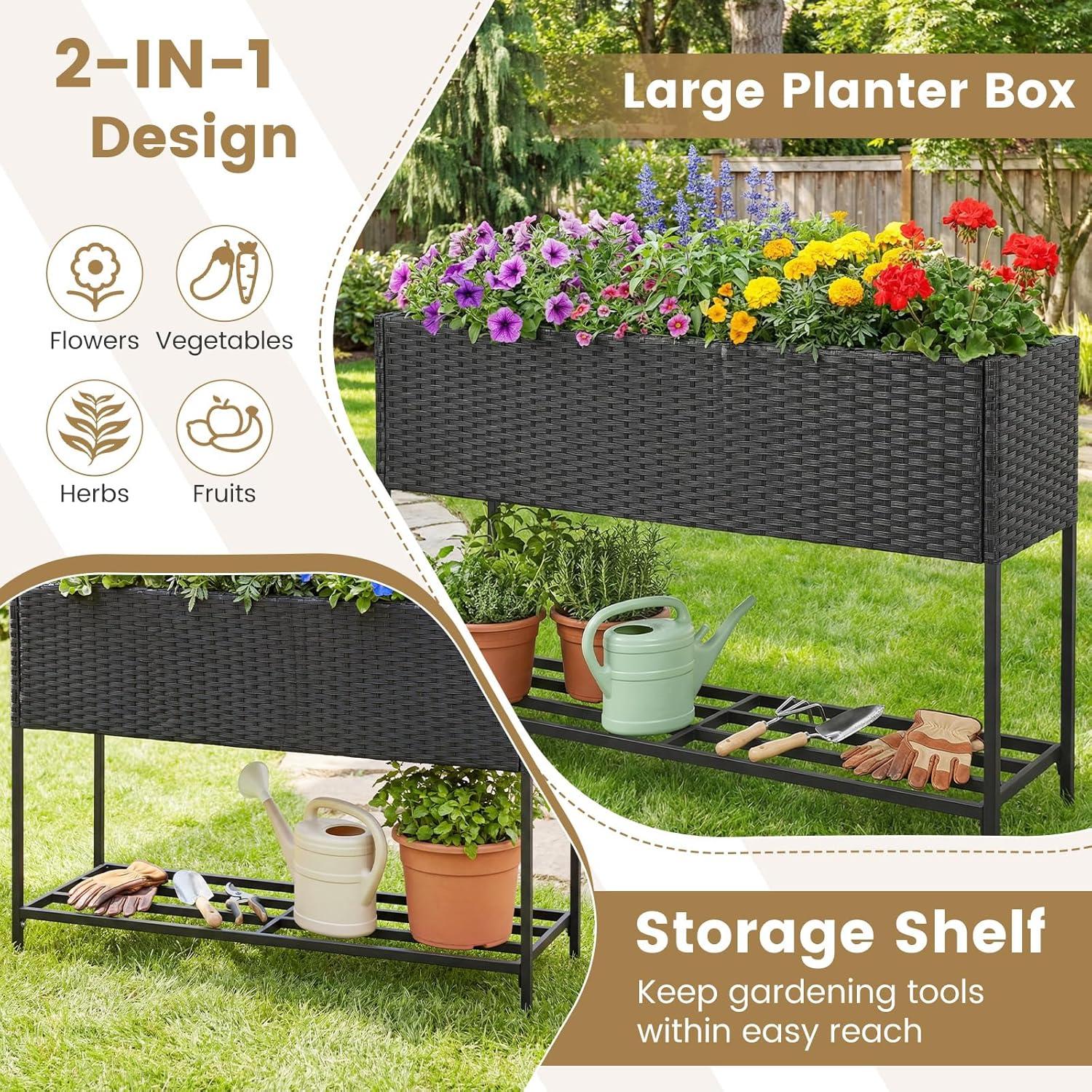 image:imageGiantex Raised Garden Bed with Legs 40 x 12 Rattan Elevated Planter Box wStorage Shelf Removable Liner Drainage Gaps for Vegetables Flowers amp Herbs Outdoor Planting Stand for Backyard PatioBlack