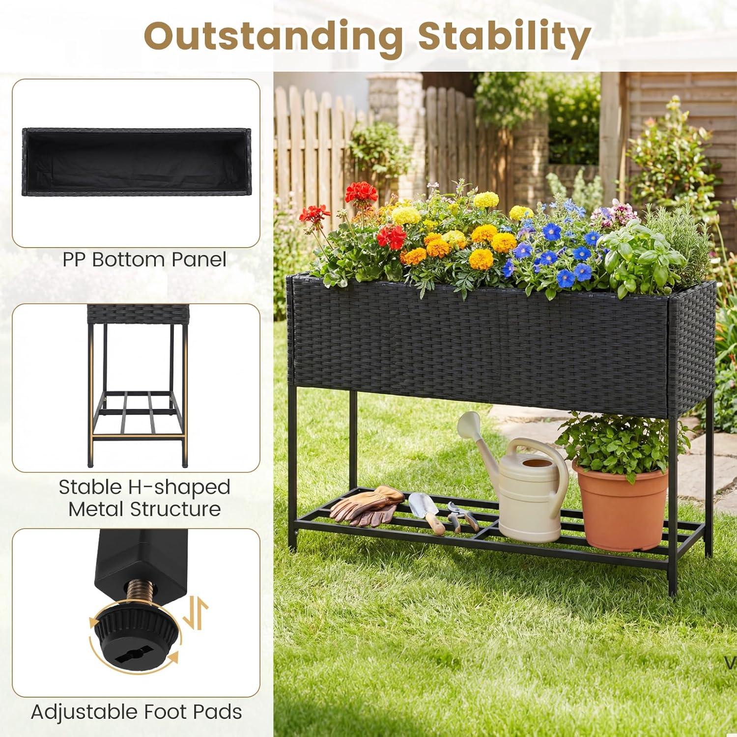 image:imageGiantex Raised Garden Bed with Legs 40 x 12 Rattan Elevated Planter Box wStorage Shelf Removable Liner Drainage Gaps for Vegetables Flowers amp Herbs Outdoor Planting Stand for Backyard PatioBlack